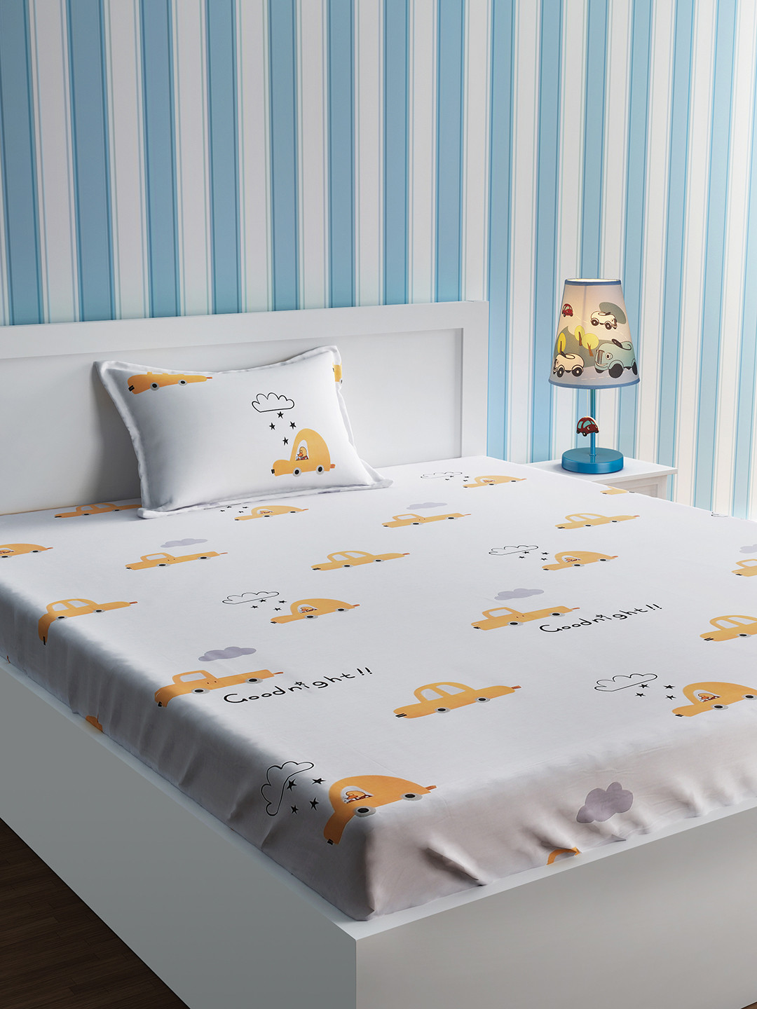 

URBAN DREAM Kids White & Yellow Cars Printed 210 TC 1 Single Bedsheet with 1 Pillow Cover