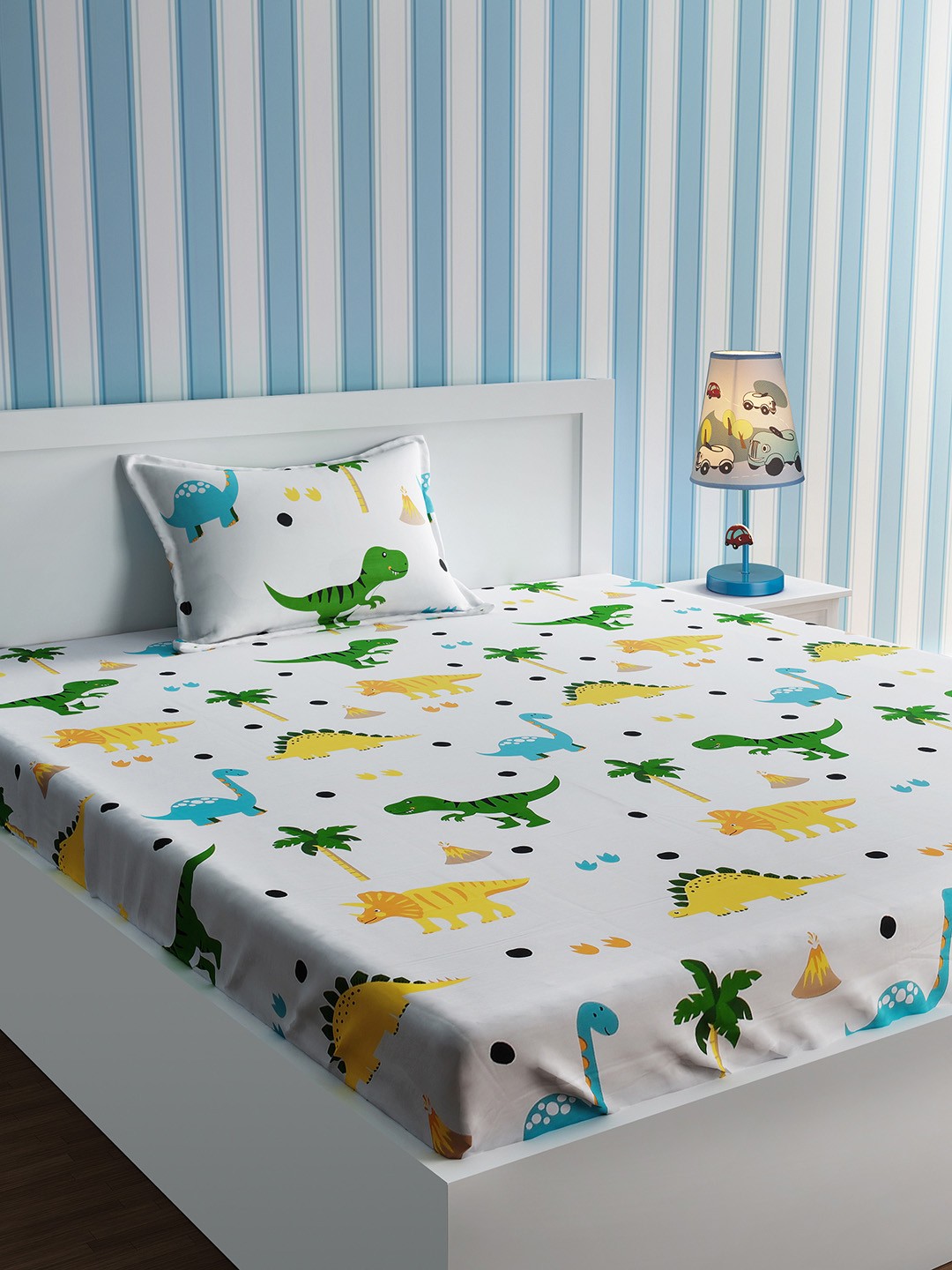 

URBAN DREAM Kids White & Yellow Dinosaurs Printed 210 TC Single Bedsheet Set