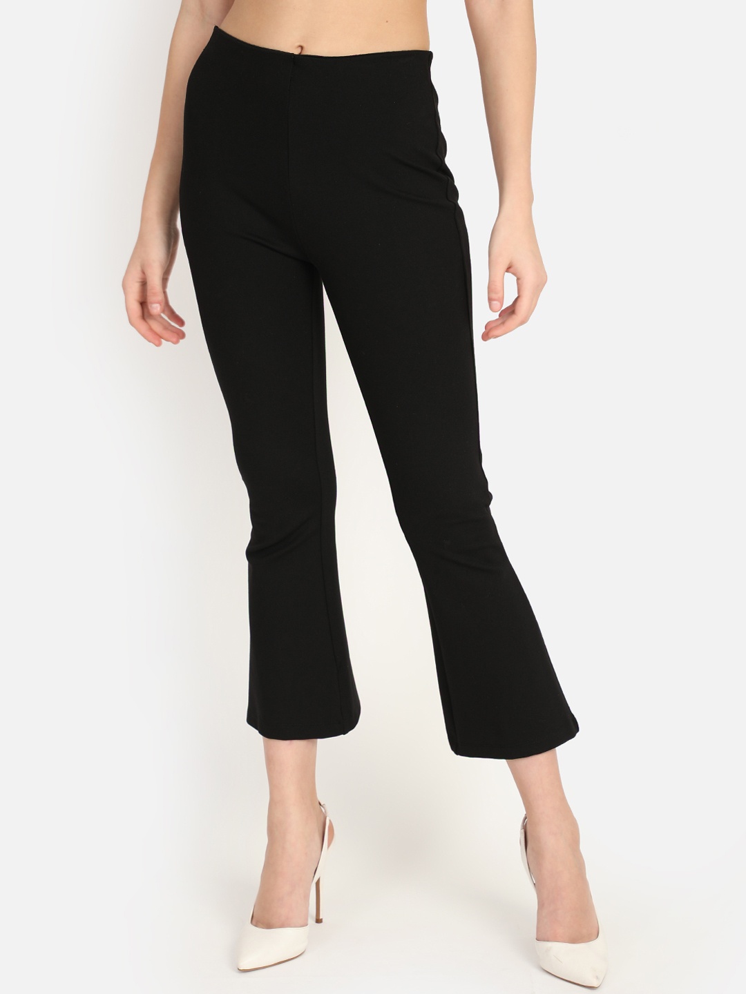 

COVER STORY Women Black Regular Fit Solid Cropped Bootcut Trousers