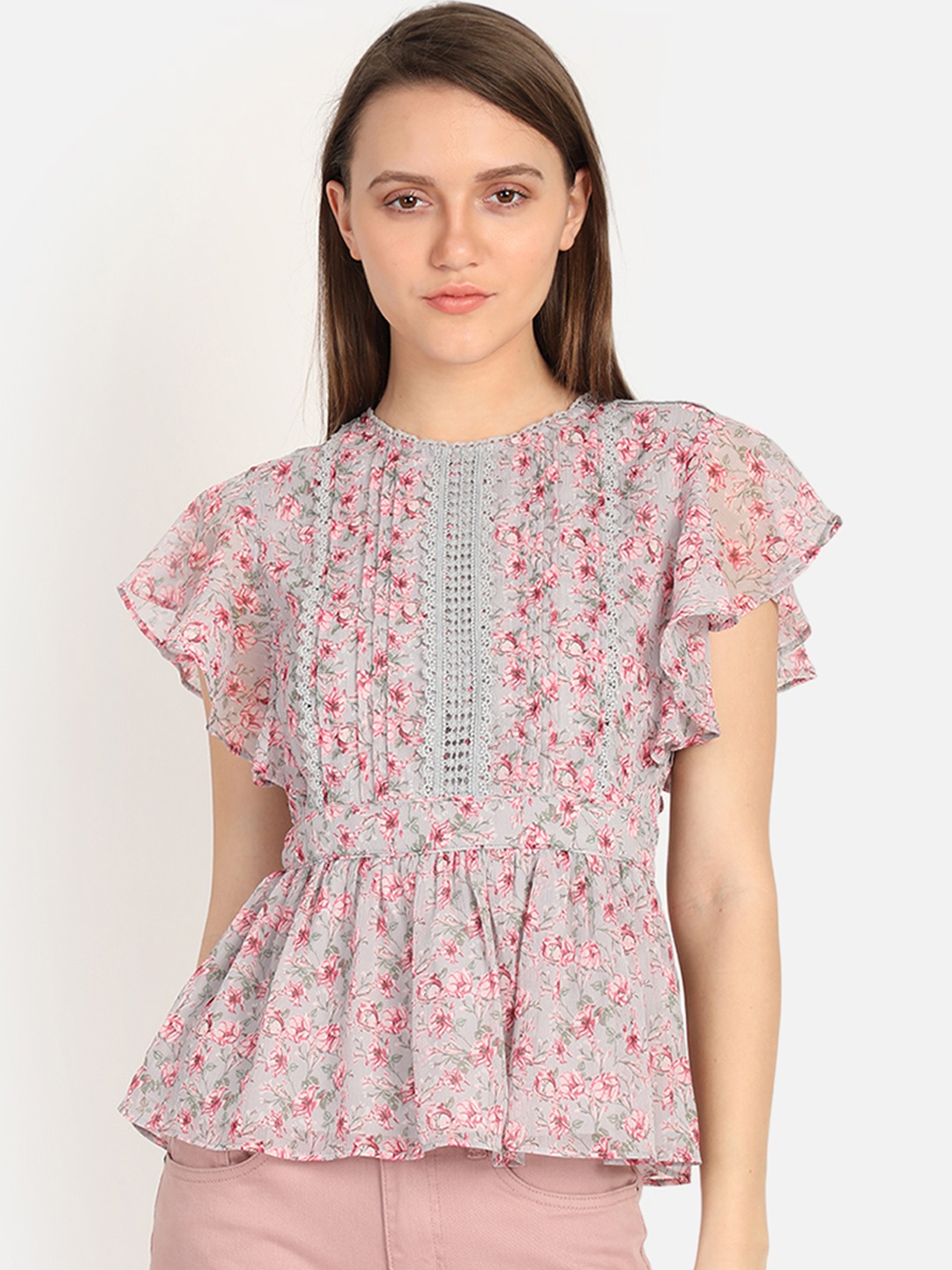 

COVER STORY Women Grey Floral Print Peplum Top