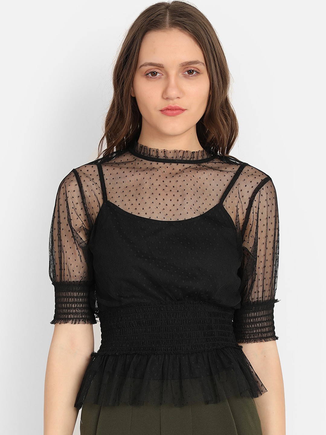 

COVER STORY Women Black Self Design Cinched Waist Top