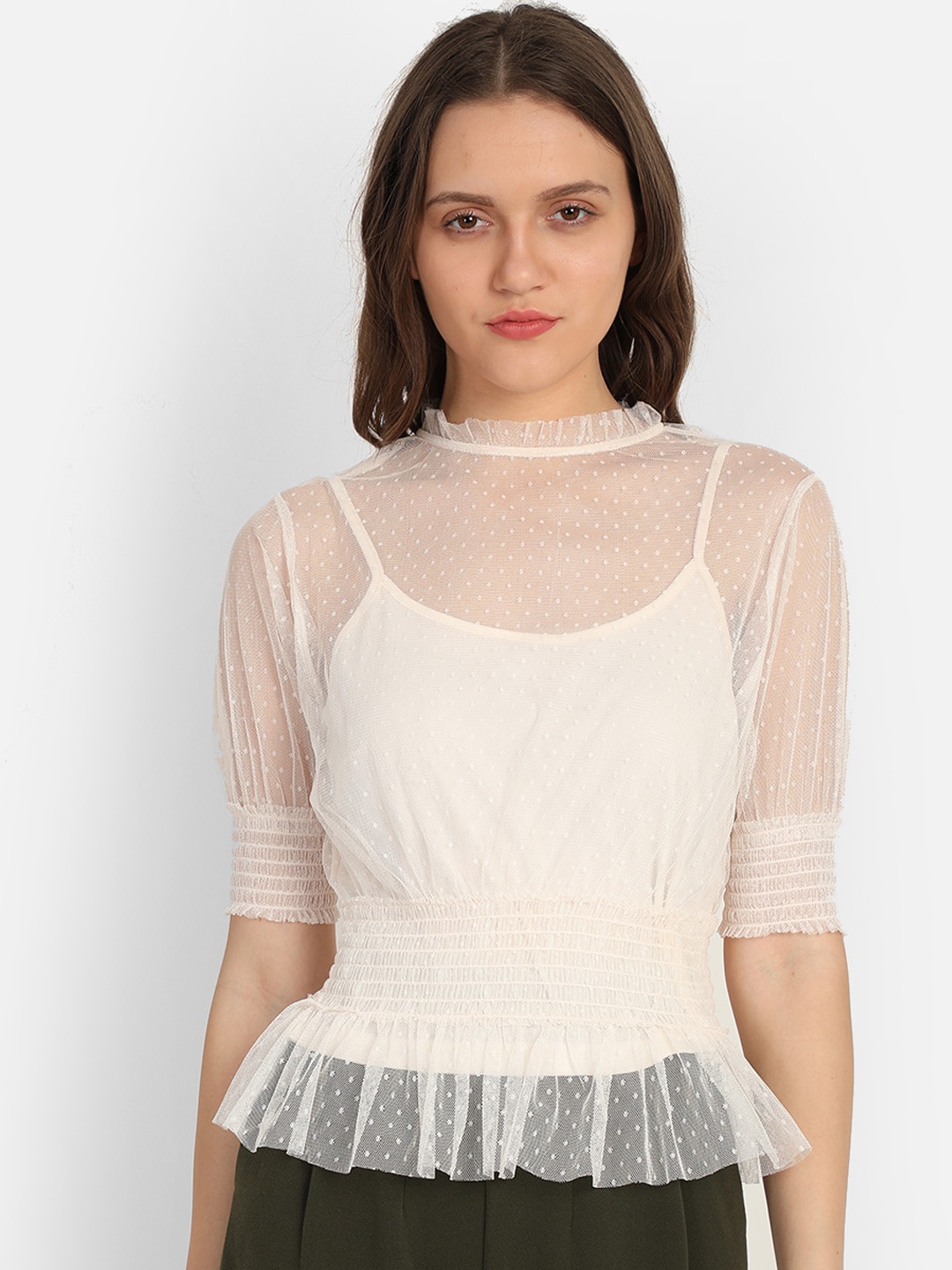 

COVER STORY Women Off-White Self Design Cinched Waist Top