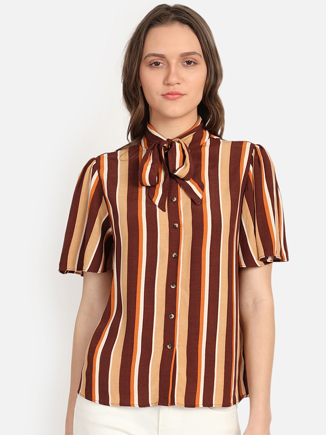 

COVER STORY Women Brown Striped Shirt Style Top