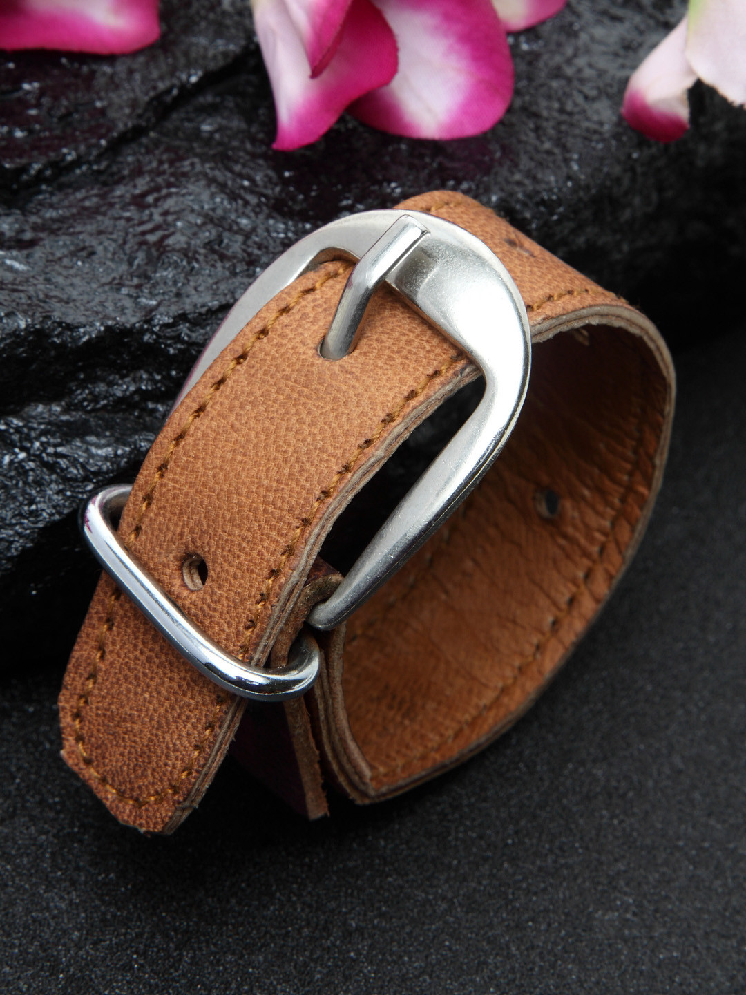 

DUGRISTYLE Men Brown Leather Silver-Plated Wraparound Bracelet