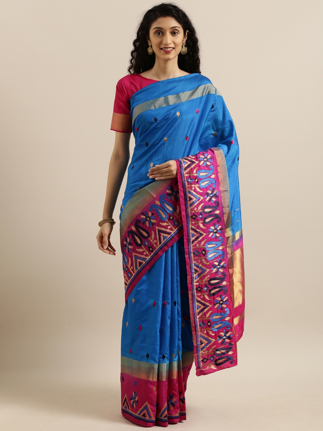 

MIMOSA Blue & Pink Art Silk Embroidered Kanjeevaram Saree