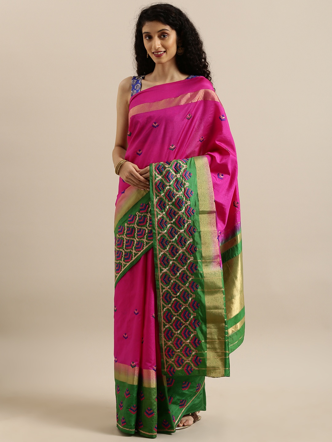 

MIMOSA Pink & Green Art Silk Embroidered Kanjeevaram Saree