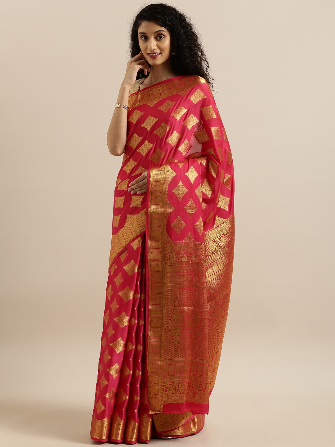 MIMOSA Pink & Gold-Toned Poly Crepe Woven Design Mysore Silk Saree