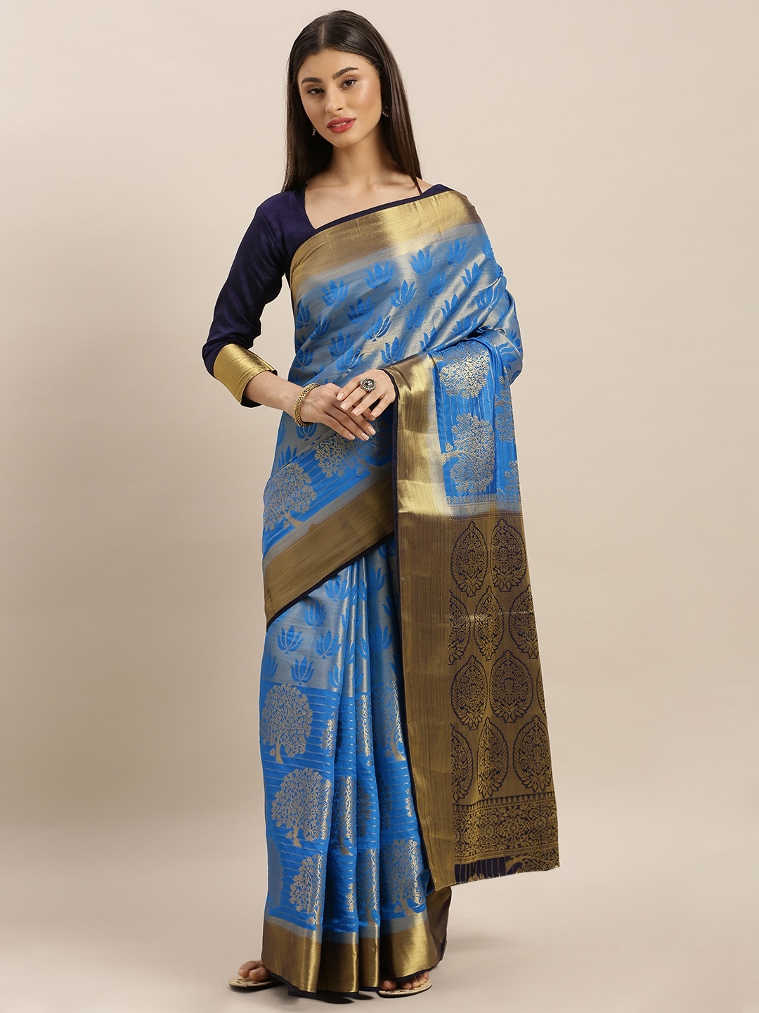 

MIMOSA Blue & Gold-Toned Art Silk Woven Design Kanjeevaram Saree