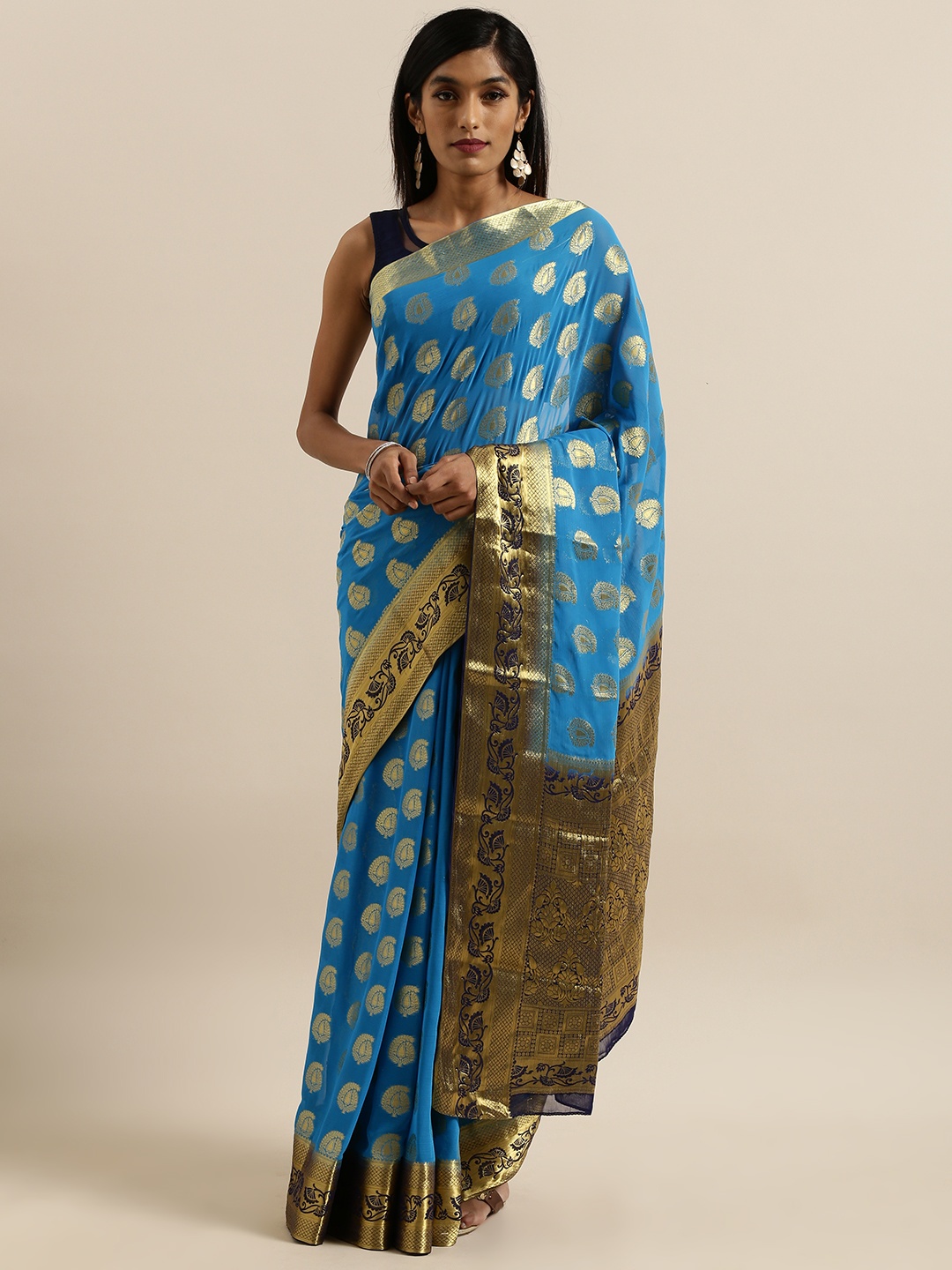 

MIMOSA Blue & Gold-Toned Poly Chiffon Woven Design Banarasi Saree