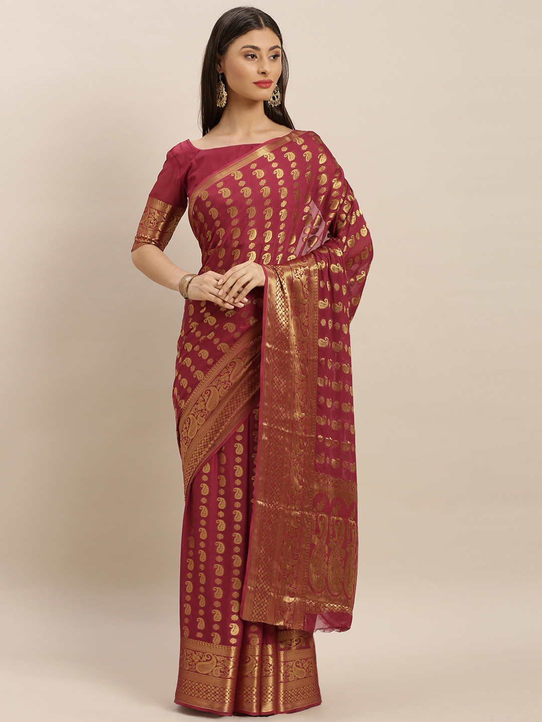 

MIMOSA Maroon & Gold-Toned Poly Chiffon Woven Design Banarasi Saree