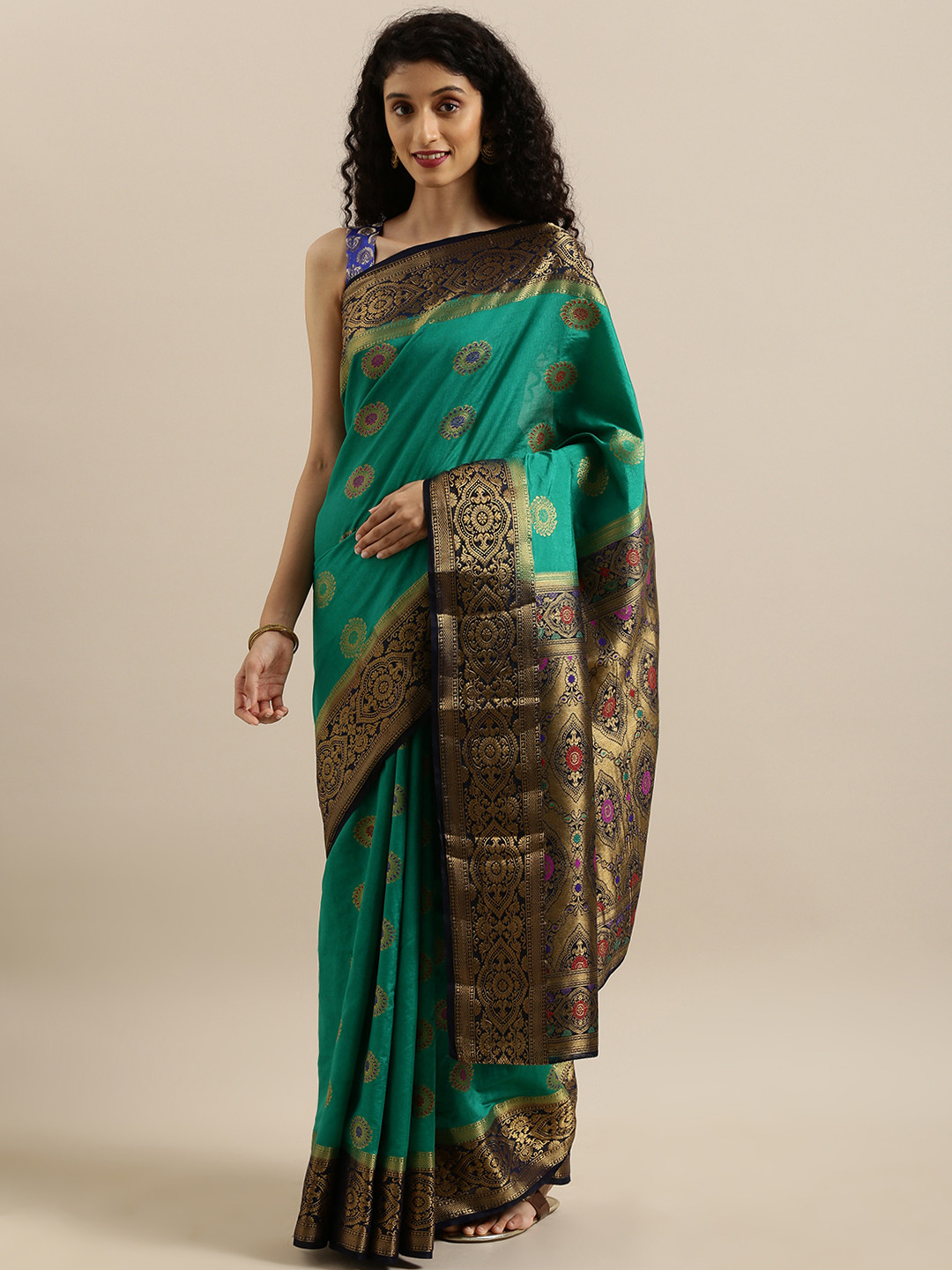

MIMOSA Green & Gold-Toned Art Silk Woven Design Dharmavaram Saree