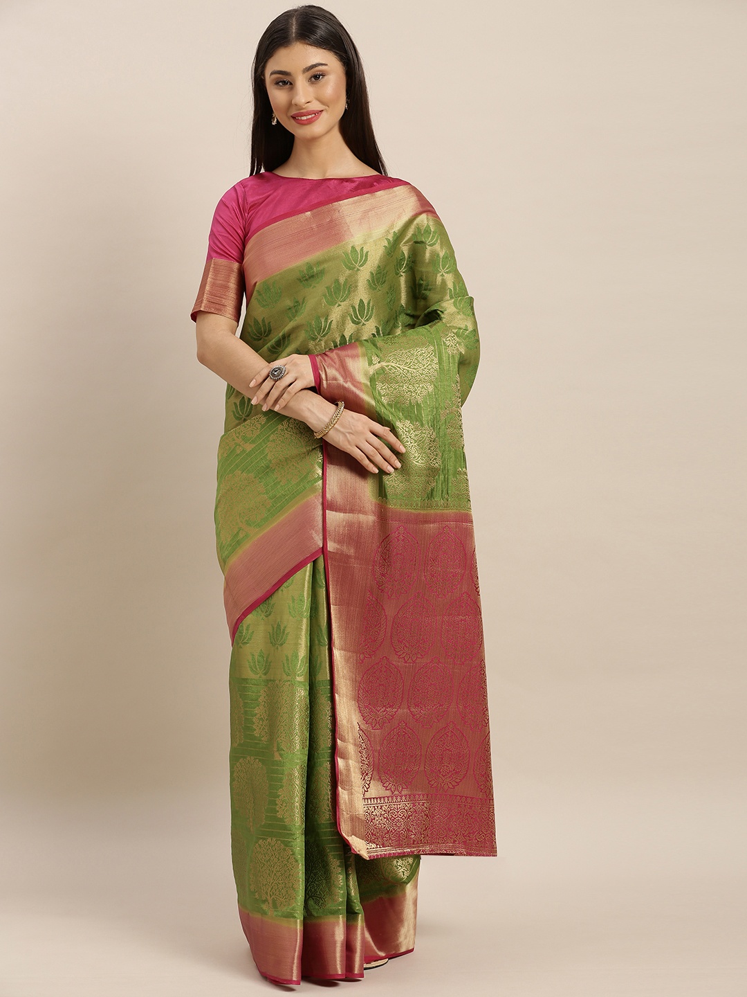 

MIMOSA Olive Green & Gold-Toned Art Silk Woven Design Kanjeevaram Saree