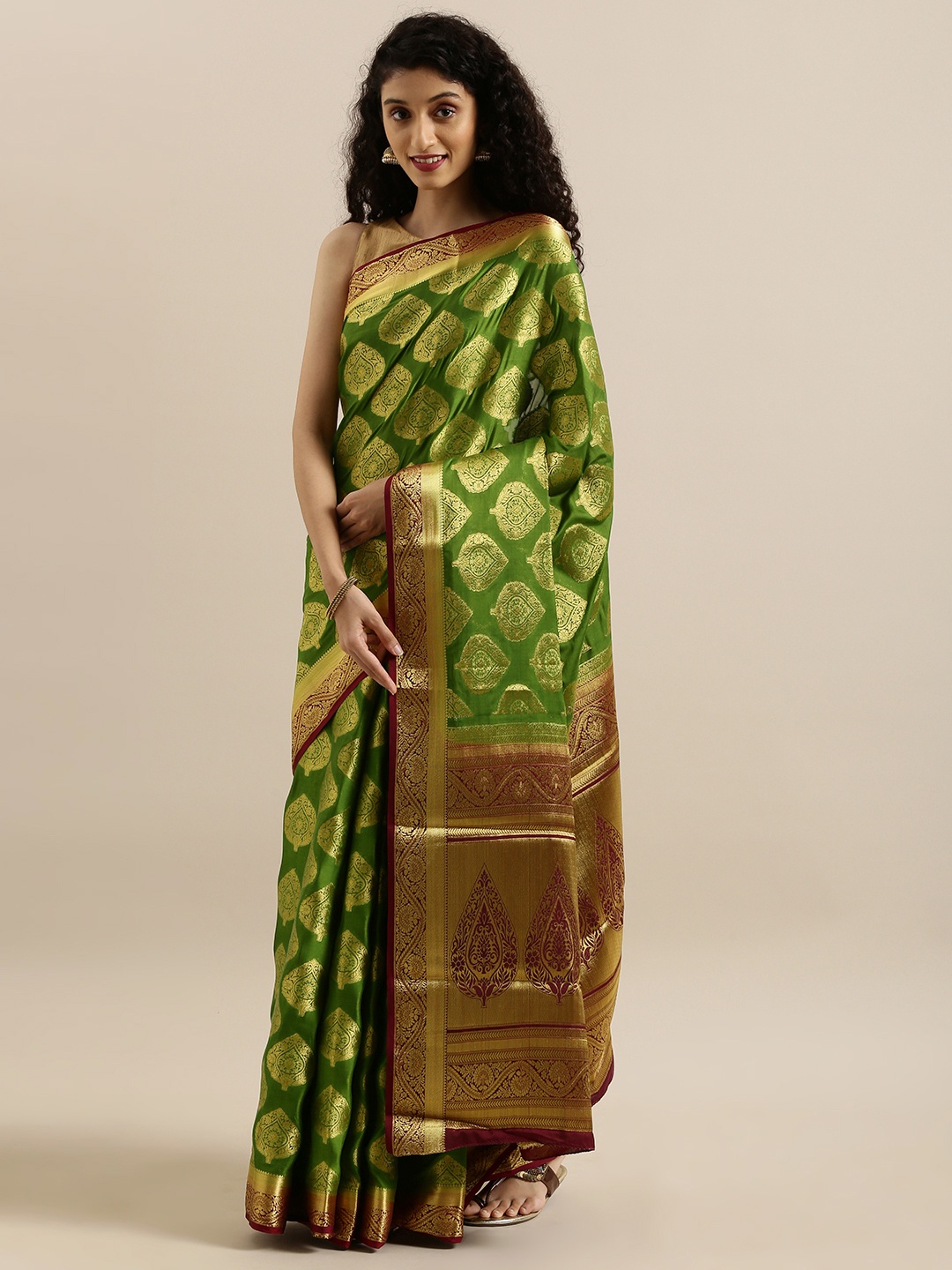 

MIMOSA Olive Green & Burgundy Poly Crepe Woven Design Mysore Silk Saree