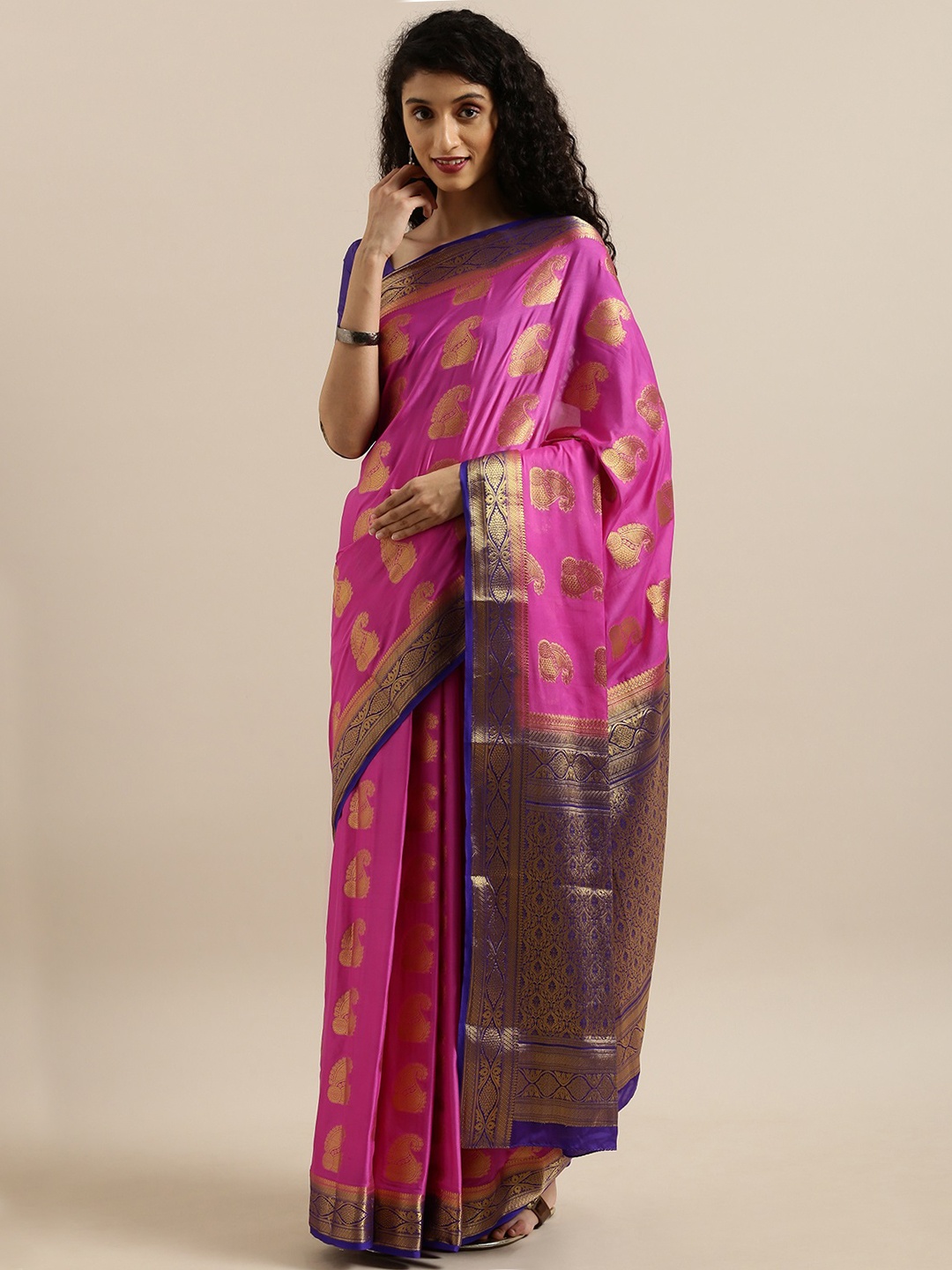 

MIMOSA Pink & Navy Blue Poly Crepe Woven Design Mysore Silk Saree