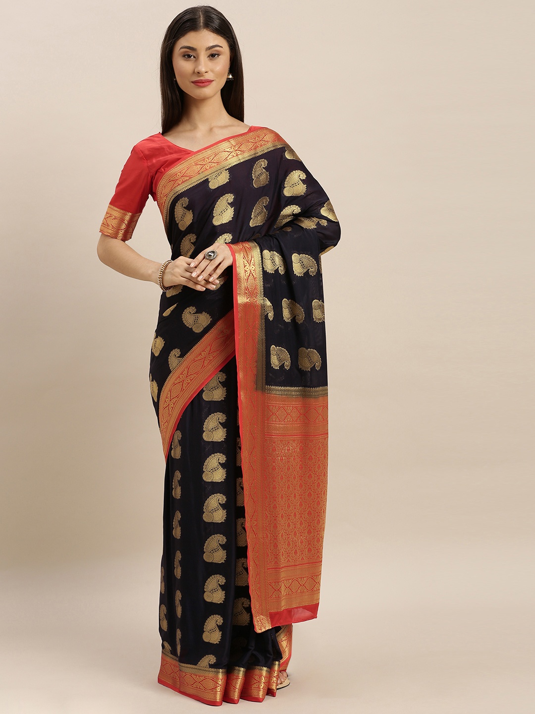 

MIMOSA Navy Blue & Golden Poly Crepe Woven Design Mysore Silk Saree