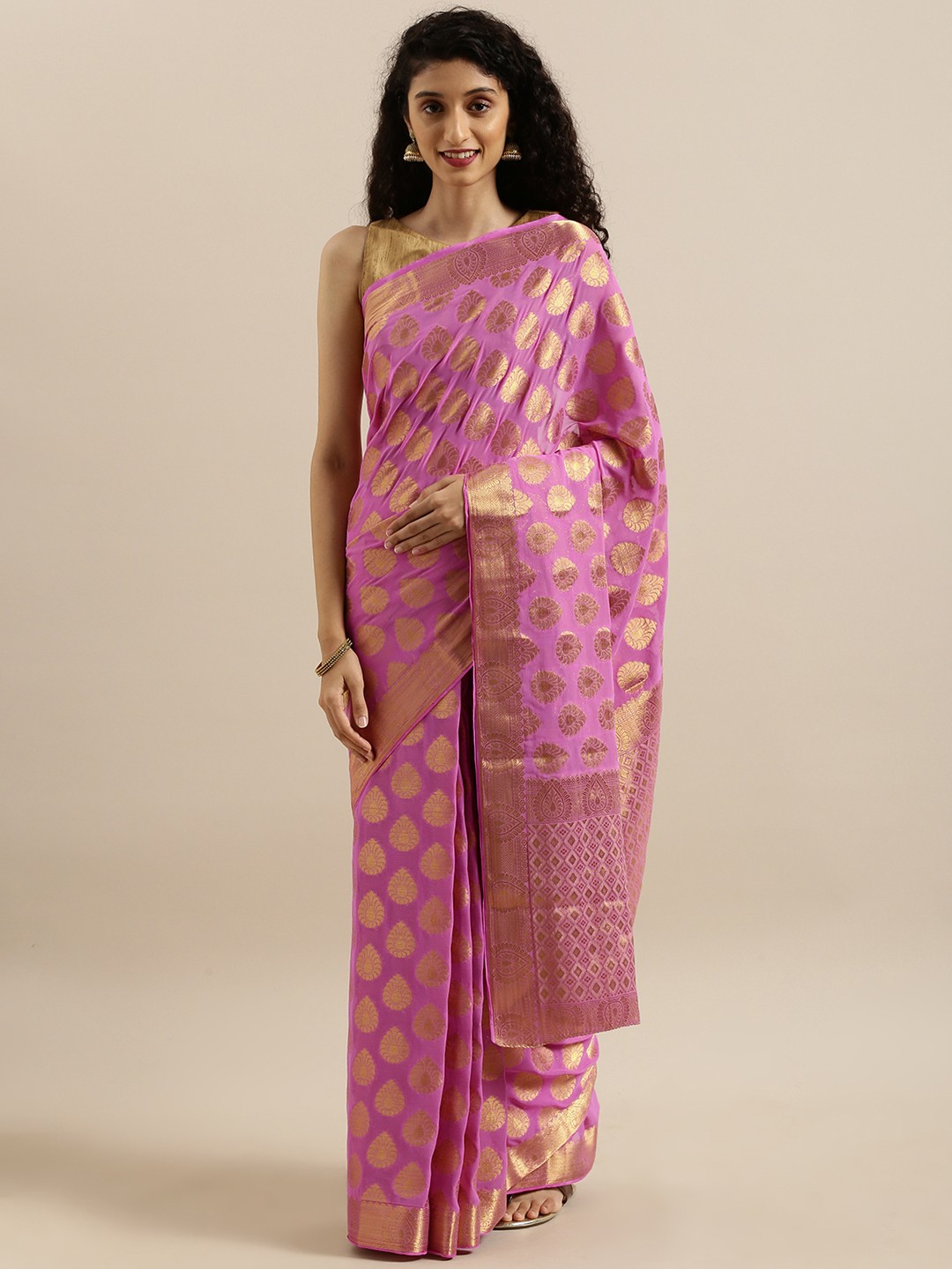 

MIMOSA Pink & Gold-Toned Poly Chiffon Woven Design Banarasi Saree