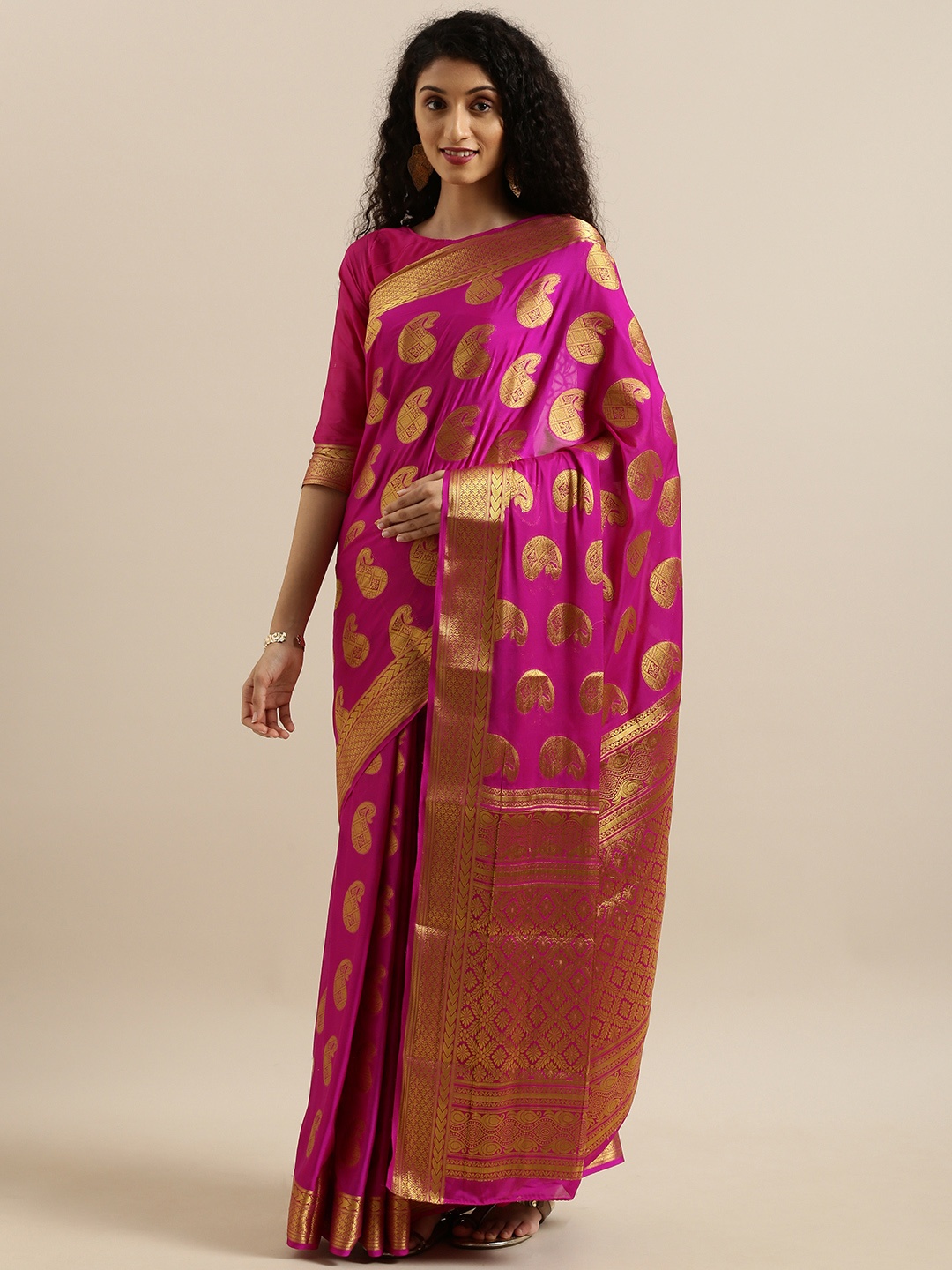 

MIMOSA Pink & Gold-Toned Poly Crepe Paisley Woven Design Mysore Silk Saree