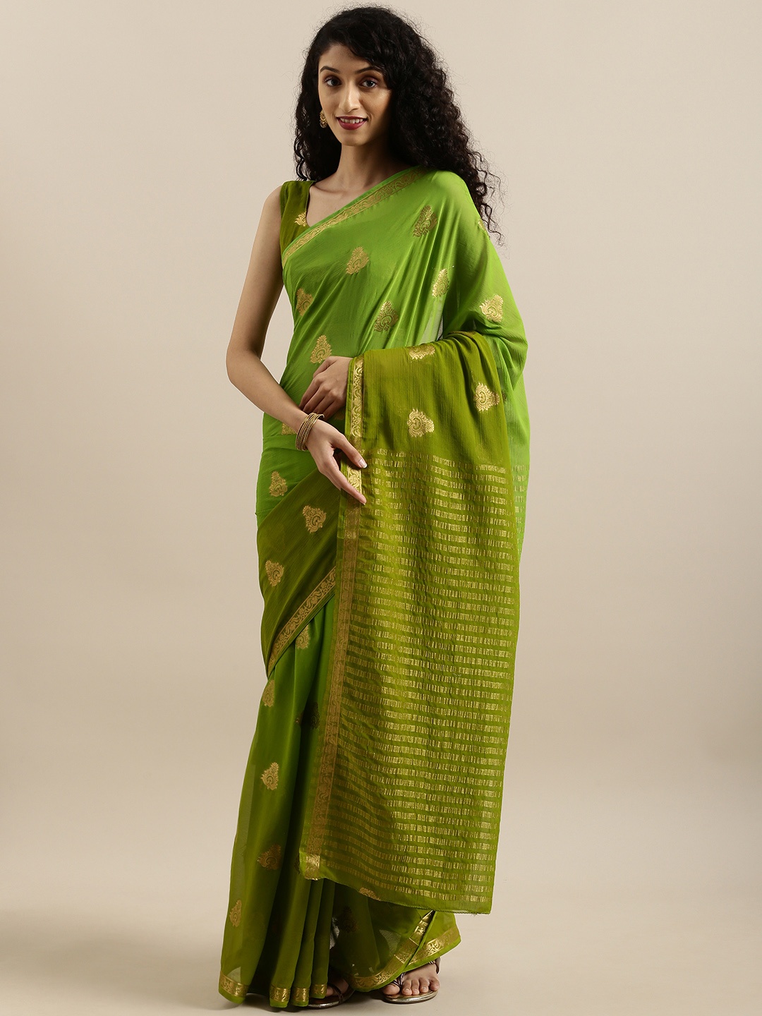 

MIMOSA Green & Gold-Toned Poly Chiffon Woven Design Banarasi Saree