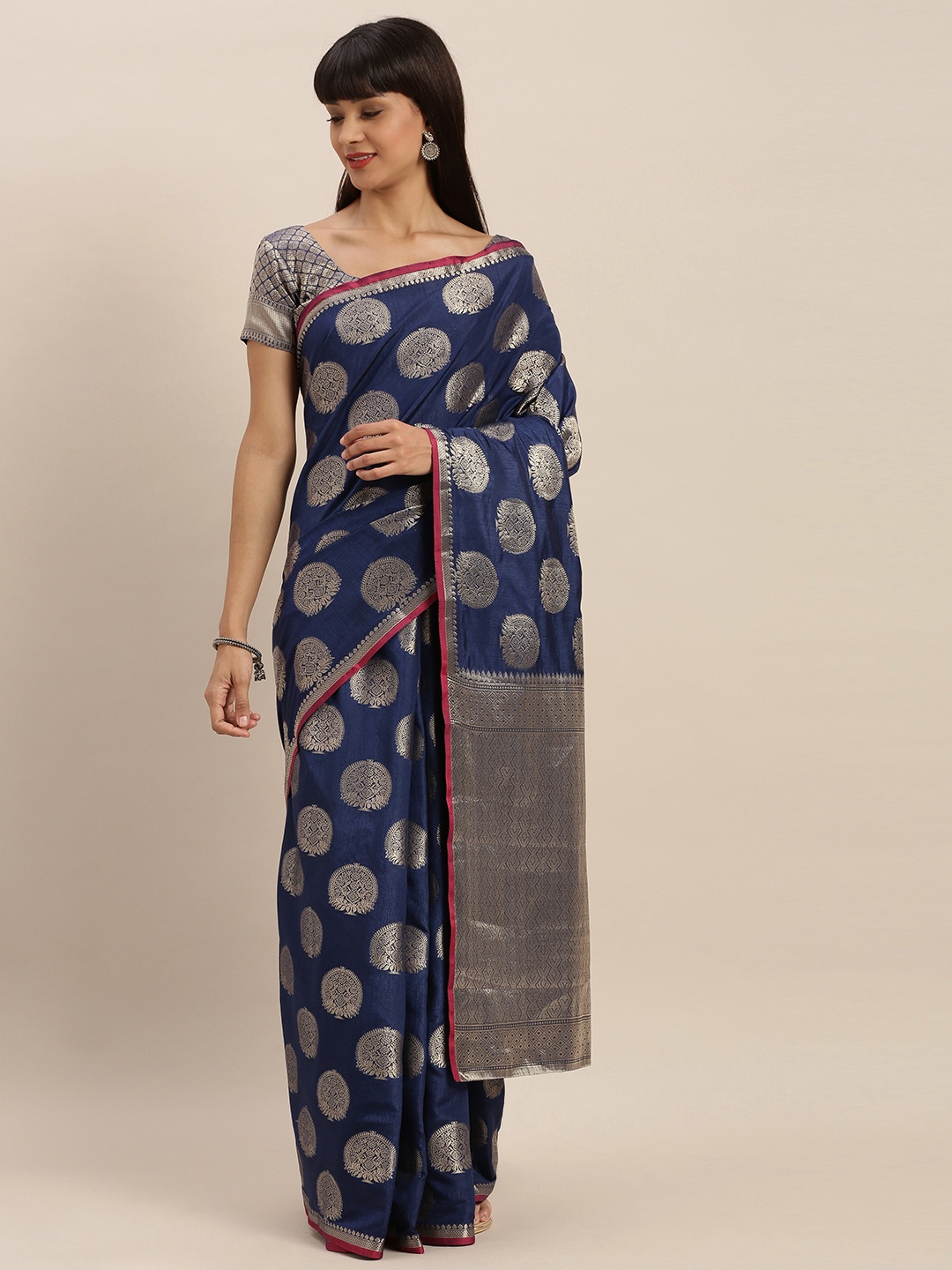 MIMOSA Navy Blue & Silver-Toned Art Silk Woven Design Kanjeevaram Saree