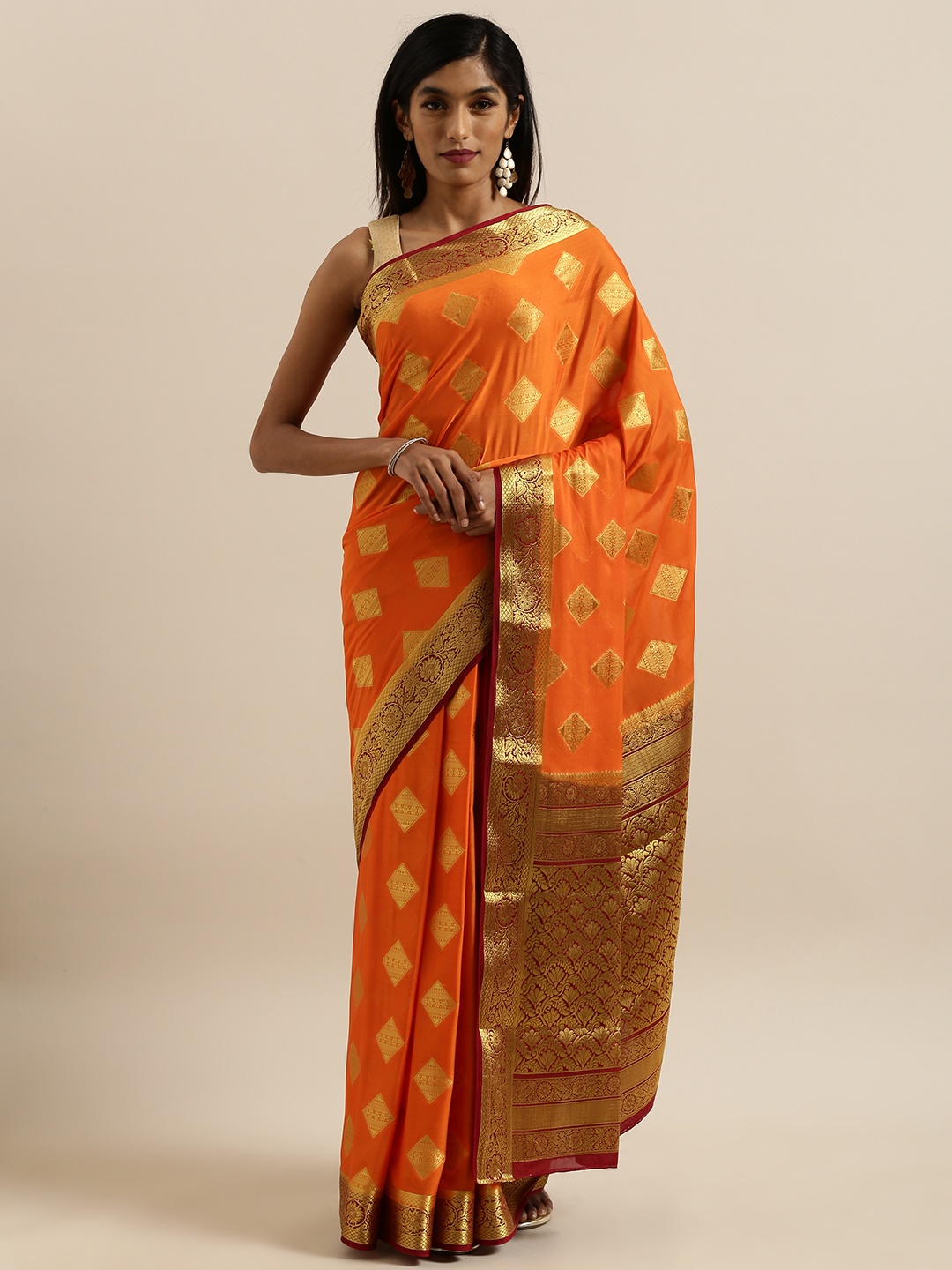 MIMOSA Orange & Gold-Toned Poly Crepe Woven Design Mysore Silk Saree