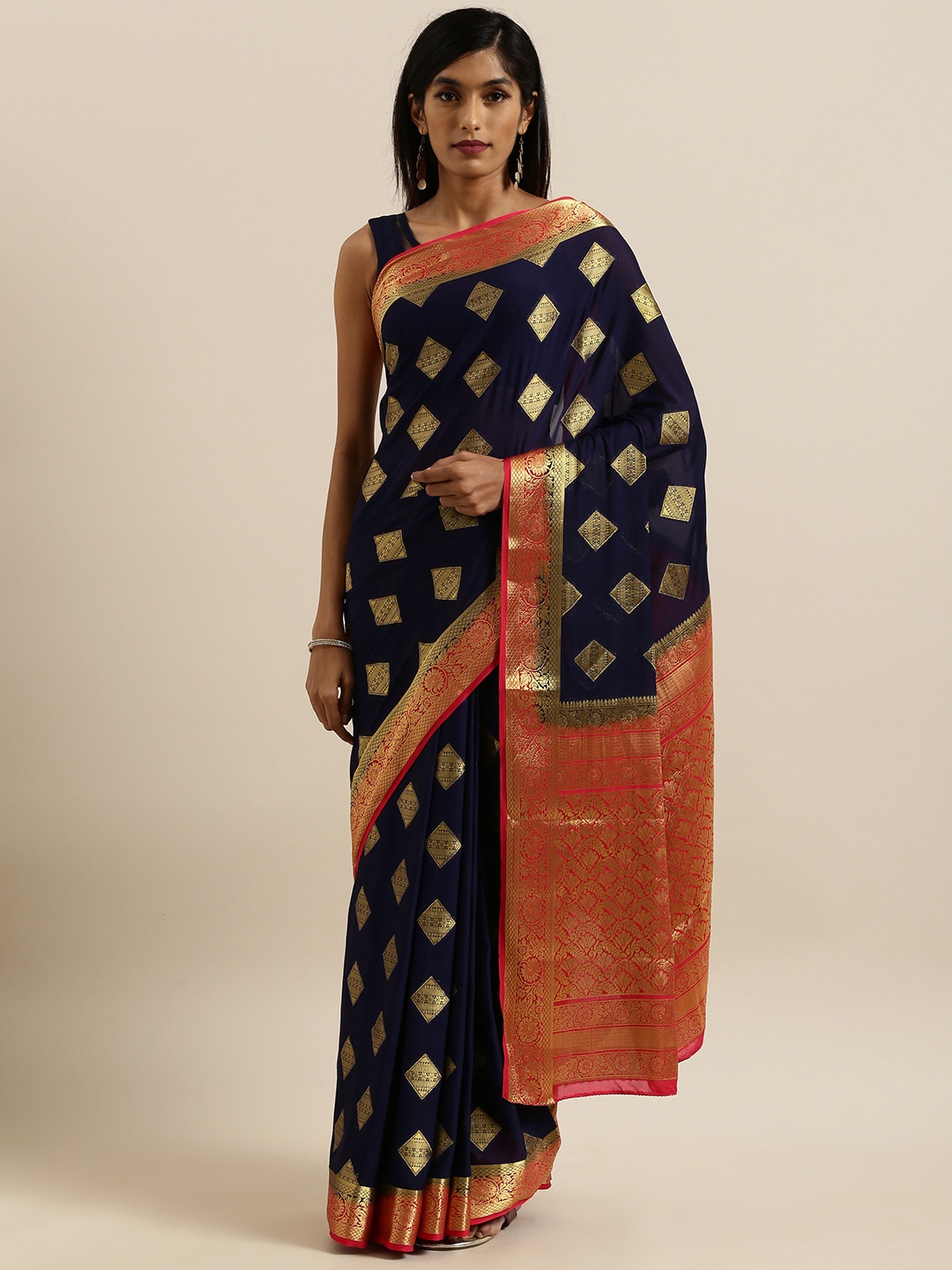 

MIMOSA Navy Blue & Gold-Toned Poly Crepe Woven Design Mysore Silk Saree