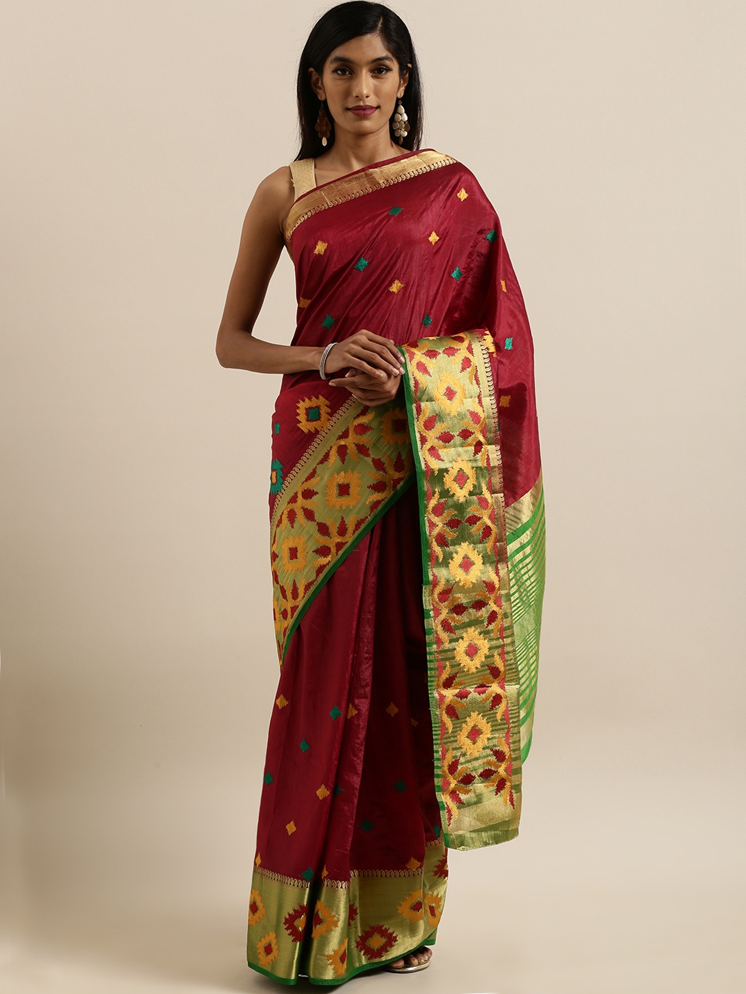 

MIMOSA Maroon Art Silk Embroidered Kanjeevaram Saree