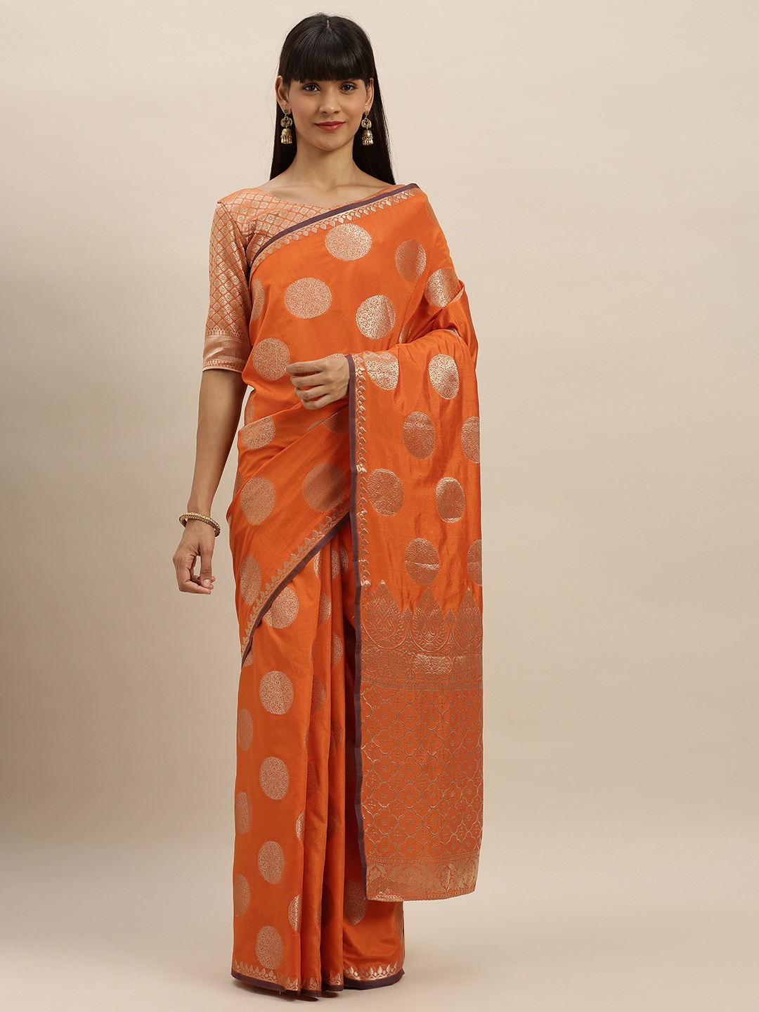 

MIMOSA Orange & Gold-Toned Art Silk Embellished Kanjeevaram Saree