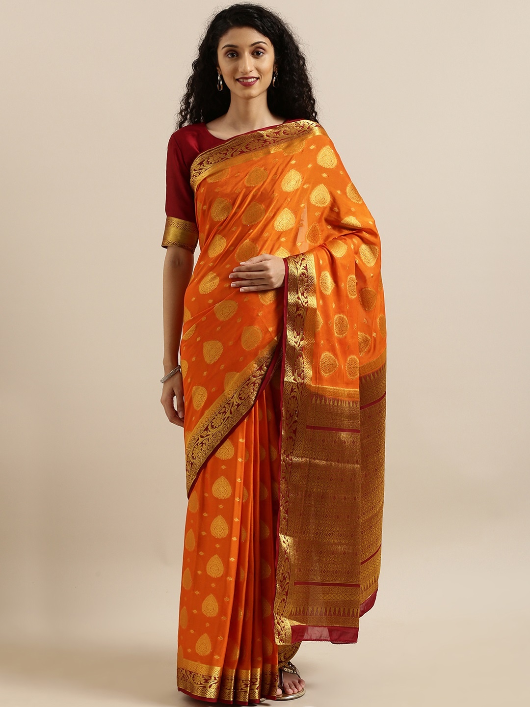 

MIMOSA Orange & Gold-Toned Poly Crepe Woven Design Mysore Silk Saree