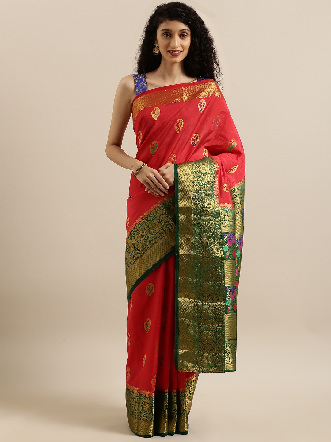 

MIMOSA Red & Green Art Silk Woven Design Dharmavaram Saree