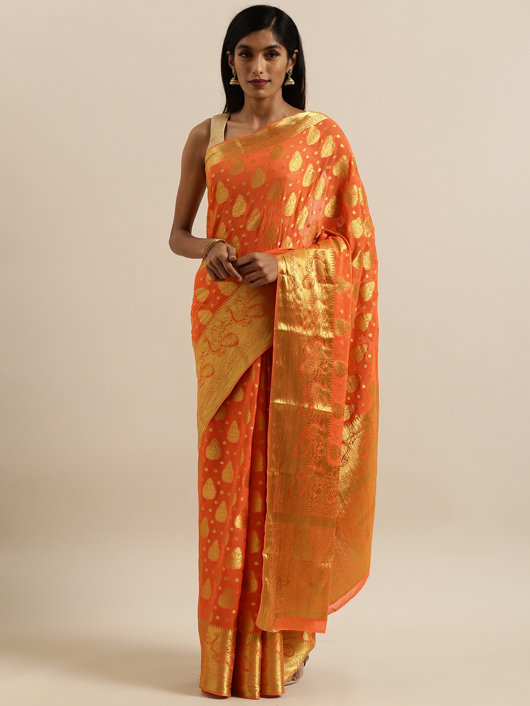 

MIMOSA Orange & Gold-Toned Poly Chiffon Woven Design Banarasi Saree
