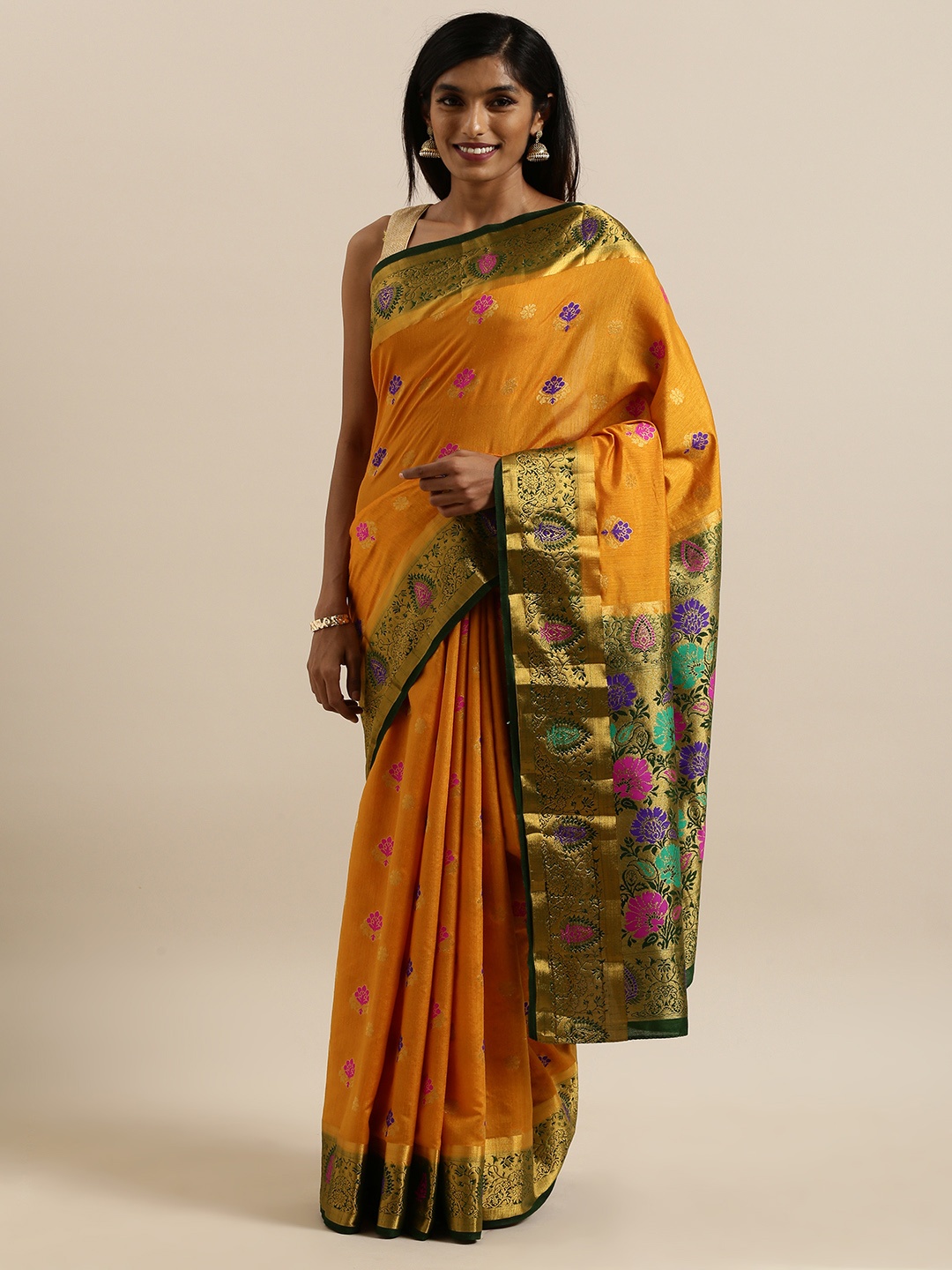 

MIMOSA Mustard Yellow & Gold-Toned Art Silk Woven Design Dharmavaram Saree