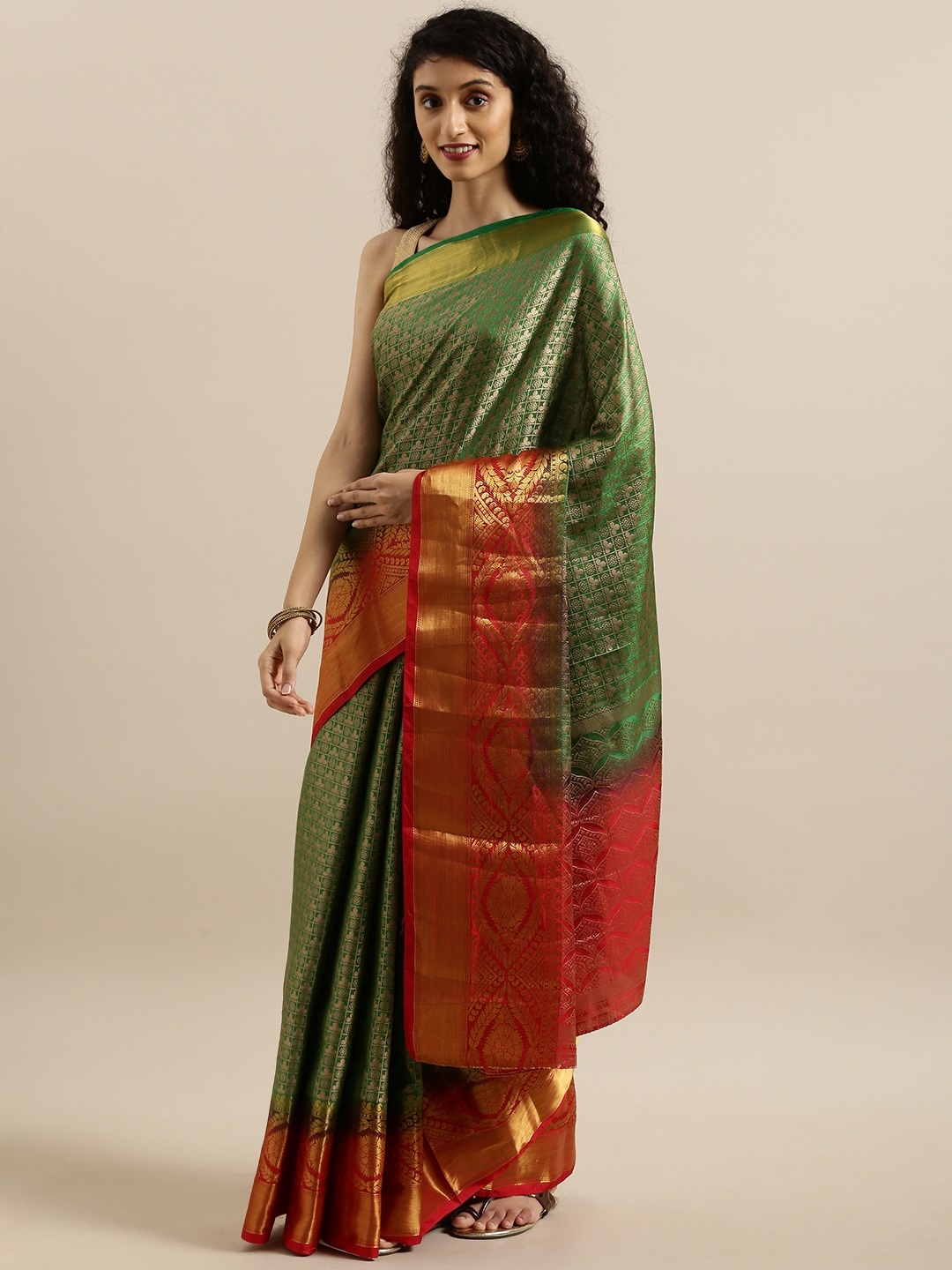 

MIMOSA Green & Golden Art Silk Woven Design Kanjeevaram Saree