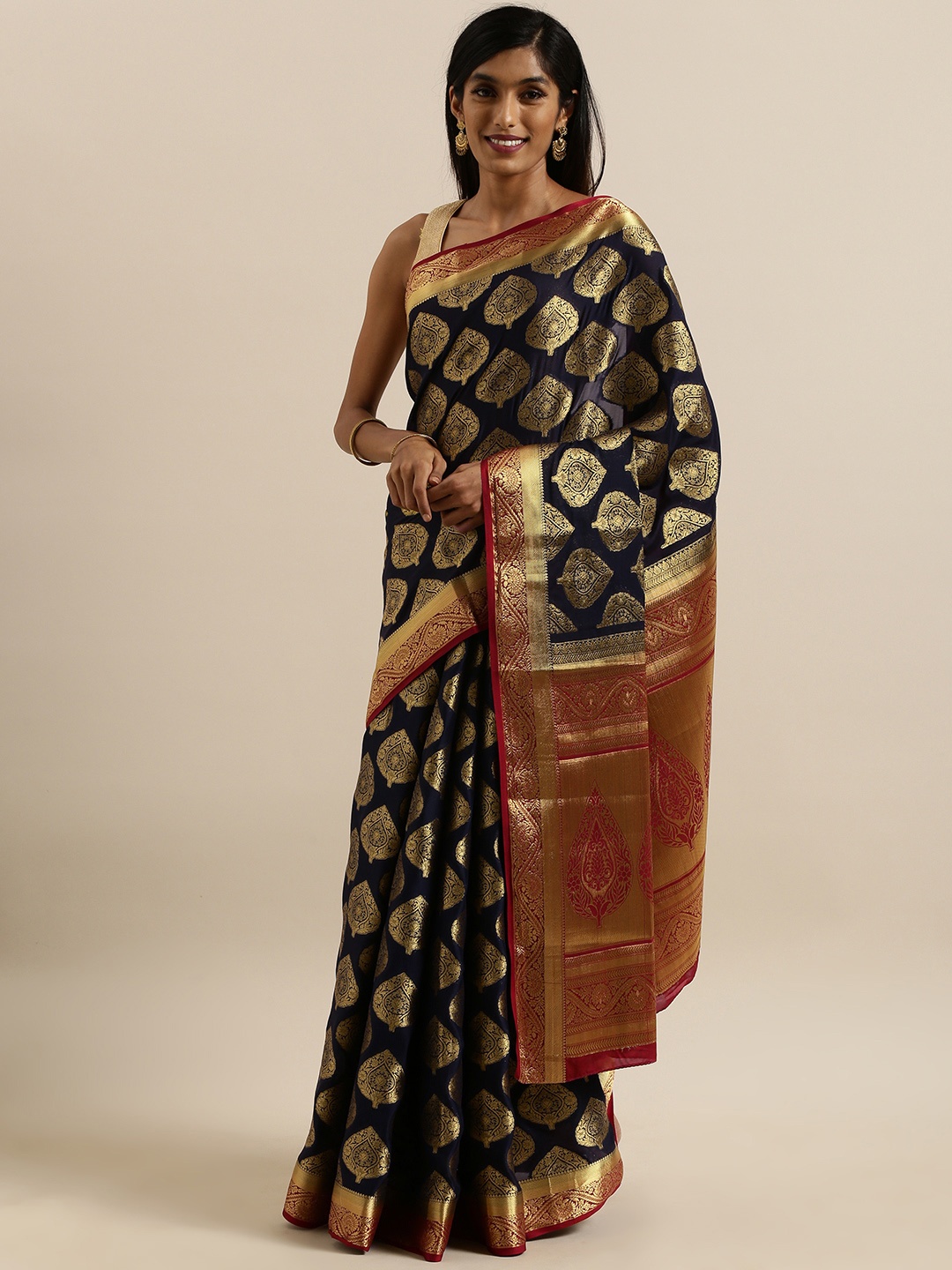 

MIMOSA Navy Blue & Red Poly Crepe Embellished Mysore Silk Saree
