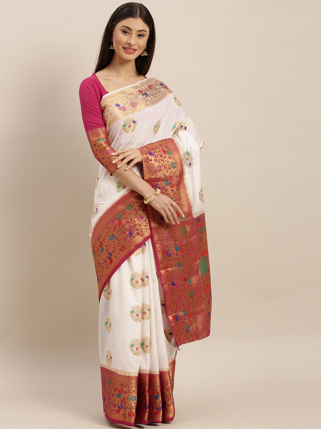 

MIMOSA White & Gold-Toned Art Silk Woven Design Dharmavaram Saree