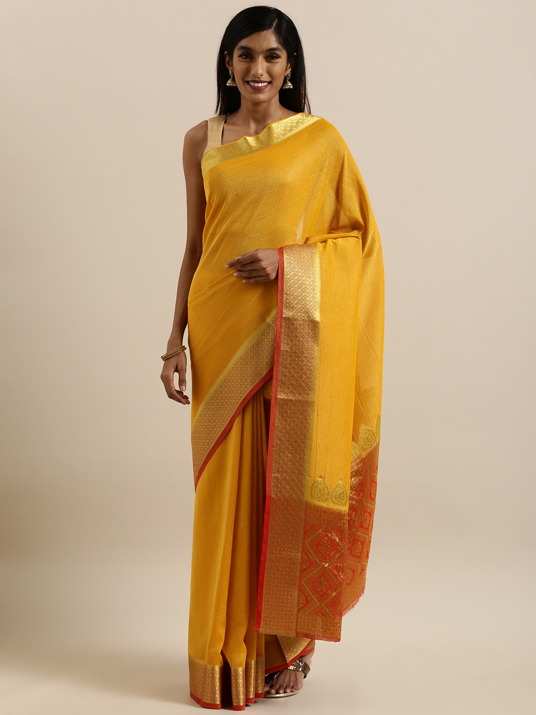 

MIMOSA Mustard Yellow & Orange Art Silk Solid Kanjeevaram Saree