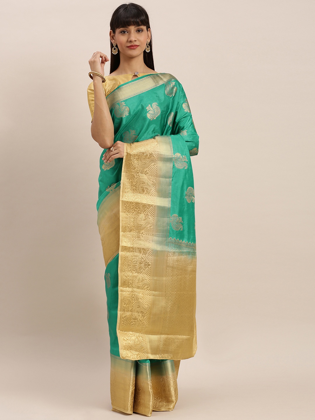 

MIMOSA Green & Gold-Coloured Art Silk Woven Design Kanjeevaram Saree