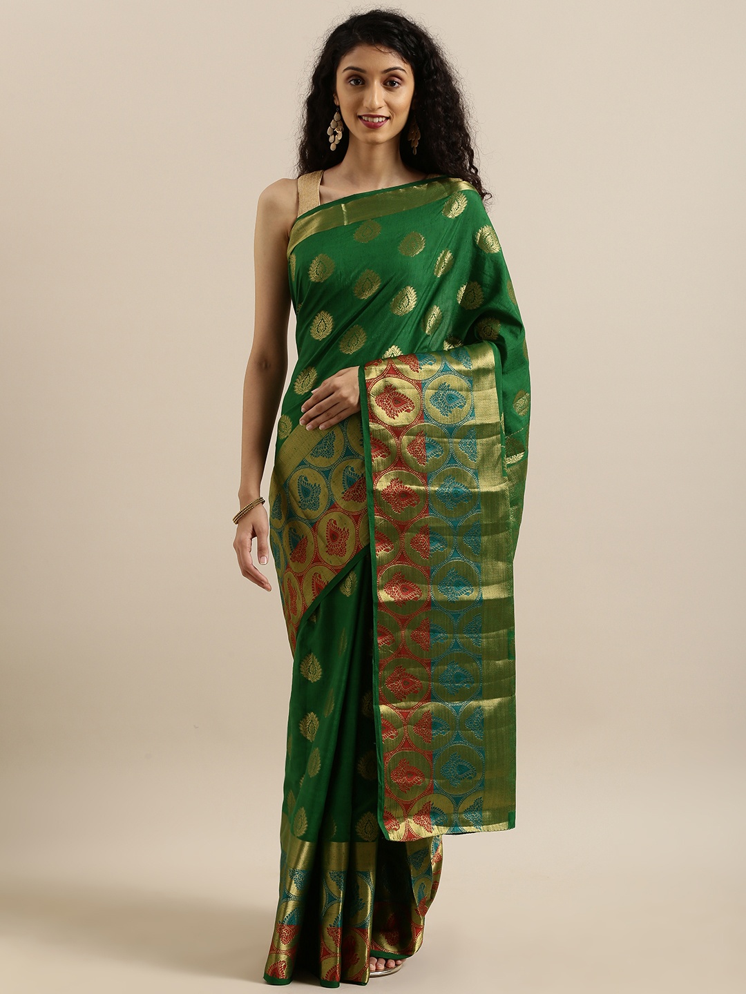 

MIMOSA Green & Gold-Toned Art Silk Embellished Kanjeevaram Saree