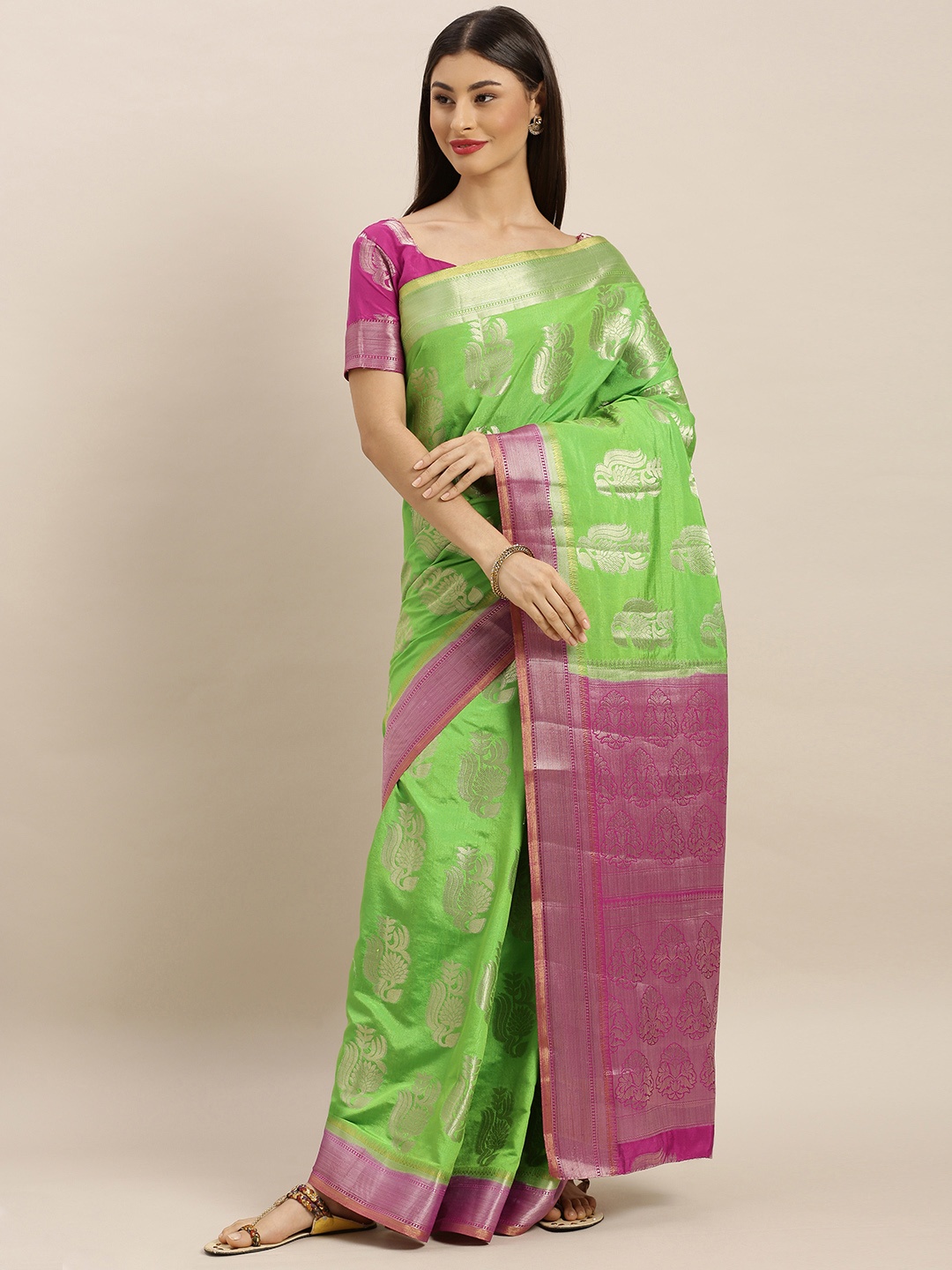 

MIMOSA Green & Gold-Coloured Art Silk Woven Design Kanjeevaram Saree