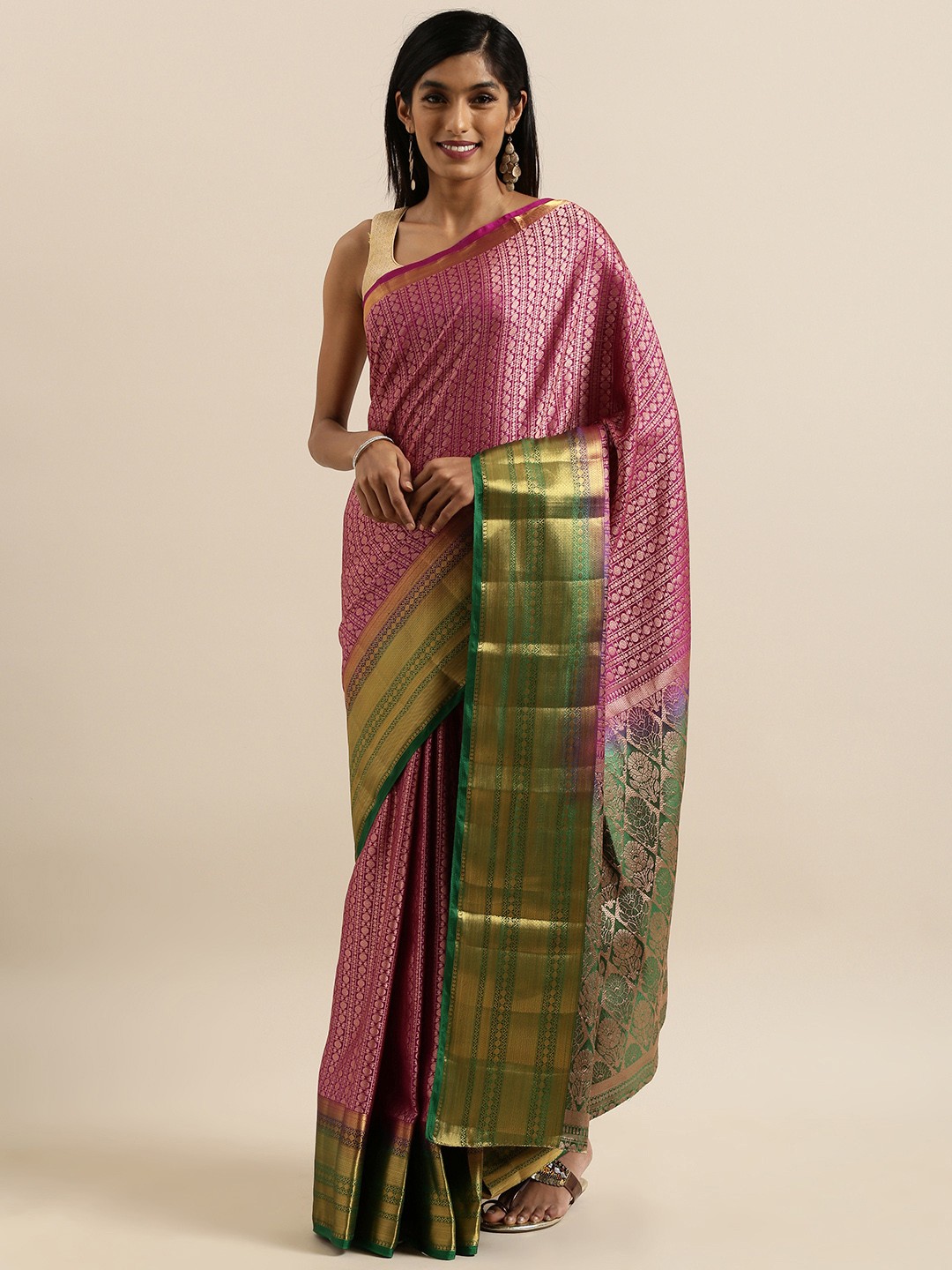 

MIMOSA Pink & Green Art Silk Woven Design Kanjeevaram Saree