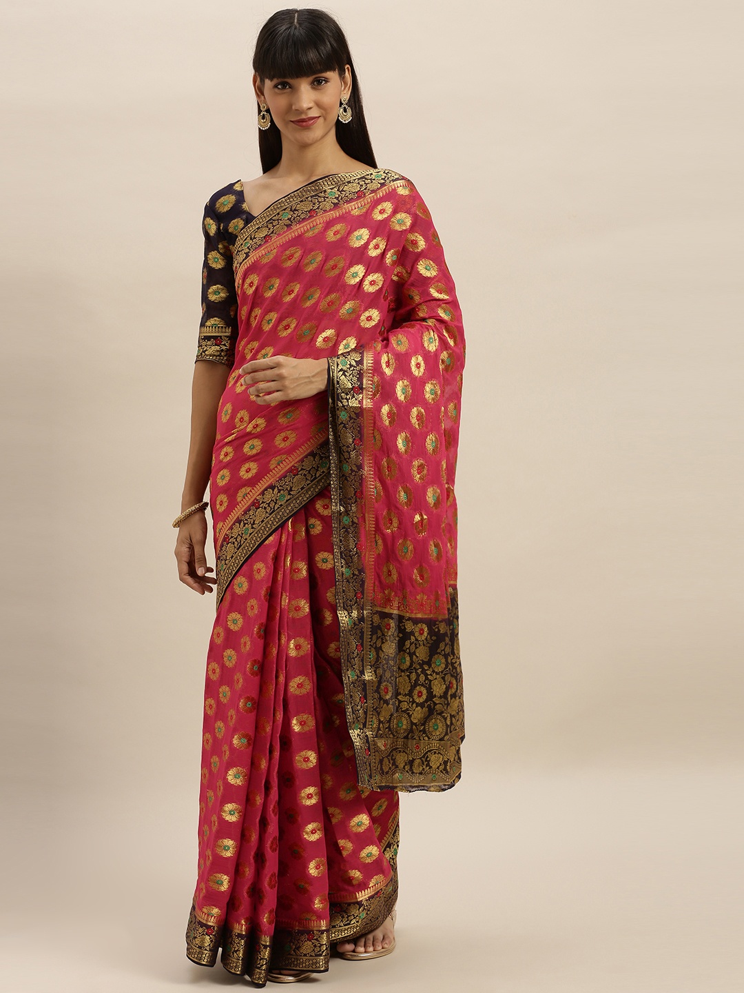 

MIMOSA Rust Pink & Gold-Toned Poly Chiffon Woven Design Banarasi Saree