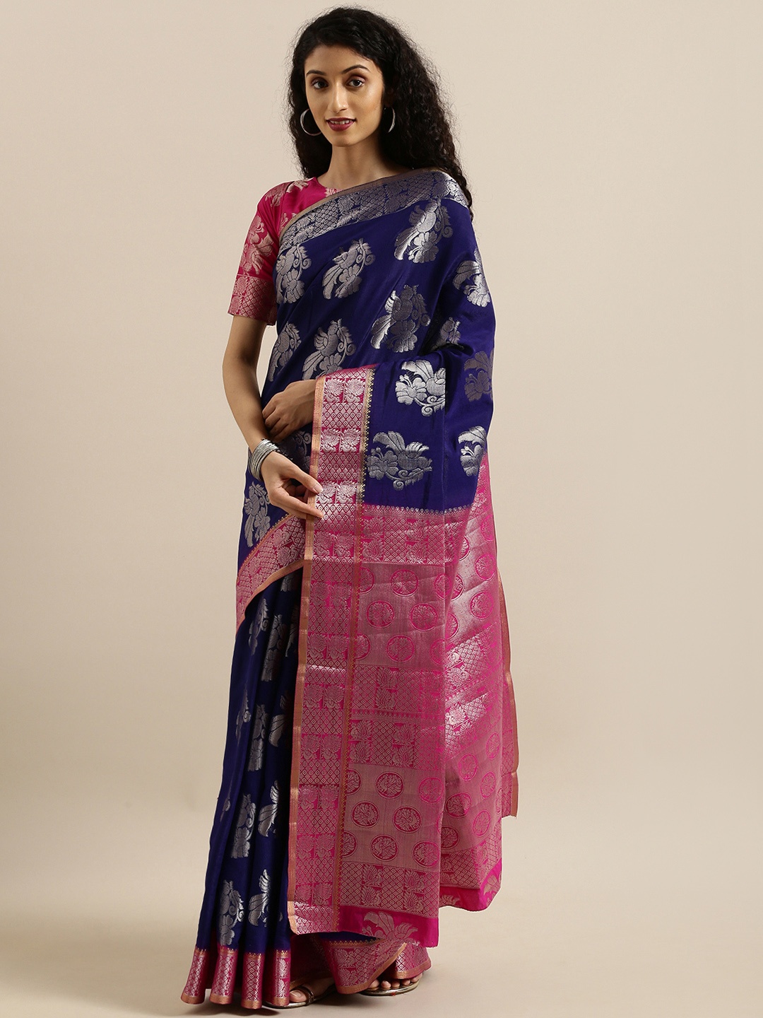 MIMOSA Navy Blue & Pink Art Silk Woven Design Kanjeevaram Saree