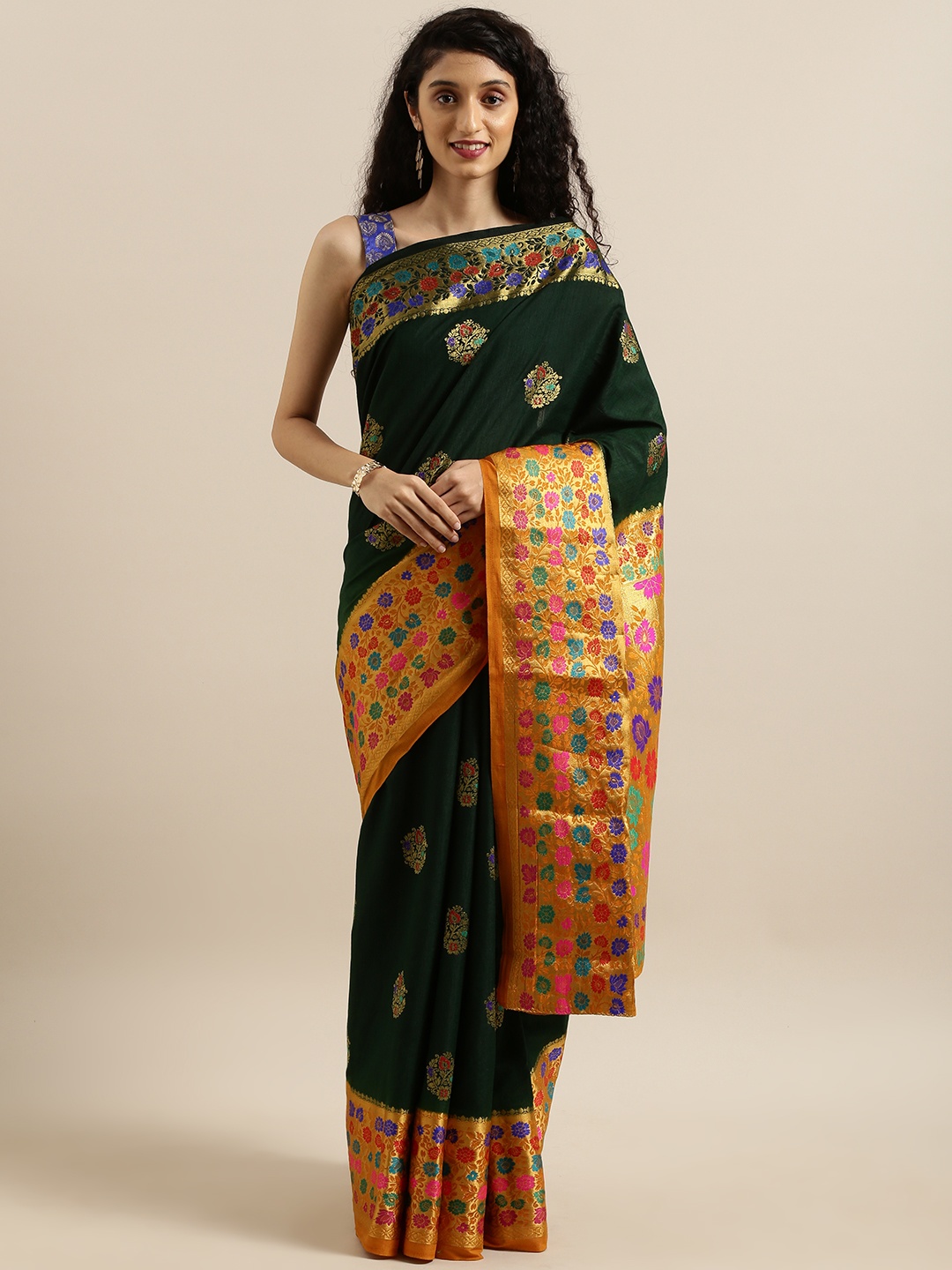 

MIMOSA Teal Green & Gold-Toned Art Silk Woven Design Dharmavaram Saree