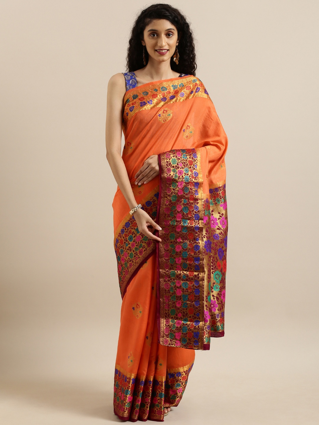 

MIMOSA Orange & Gold-Toned Art Silk Woven Design Dharmavaram Saree