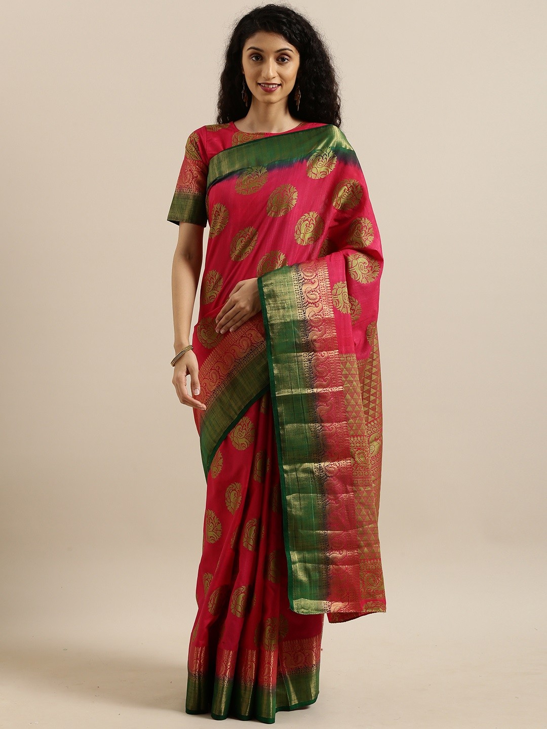 

MIMOSA Red & Beige Art Silk Ethnic Motifs Woven Design Kanjeevaram Saree