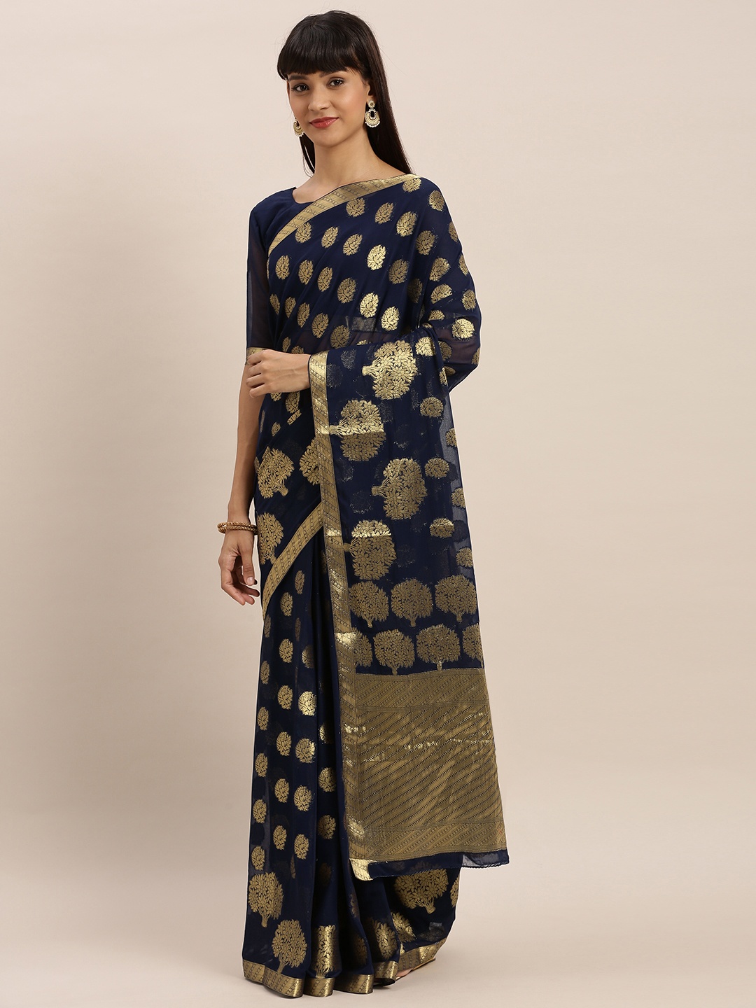 

MIMOSA Navy Blue & Gold-Coloured Poly Chiffon Woven Design Banarasi Saree