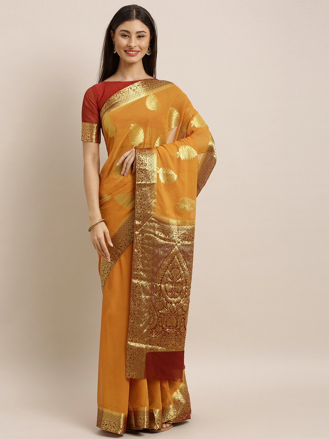 

MIMOSA Mustard Yellow & Gold-Toned Poly Chiffon Woven Design Banarasi Saree