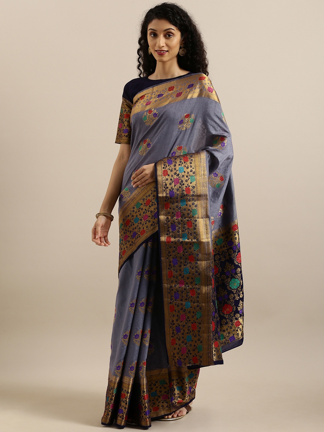 

MIMOSA Grey & Gold-Toned Art Silk Woven Design Dharmavaram Saree