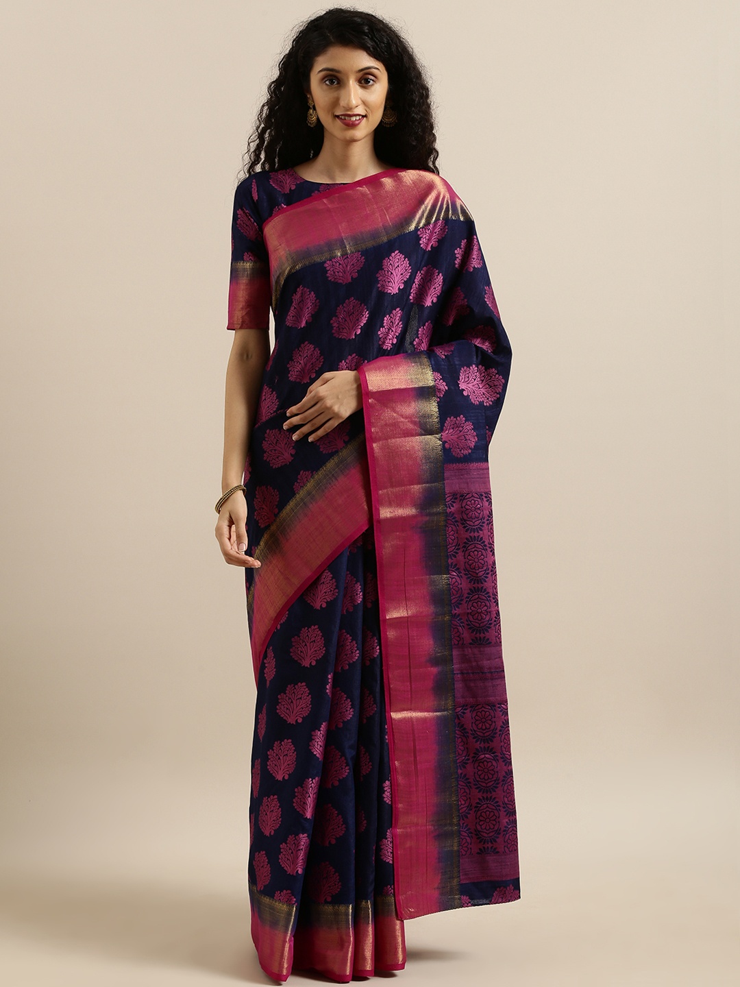 

MIMOSA Navy Blue & Purple Art Silk Woven Design Kanjeevaram Saree