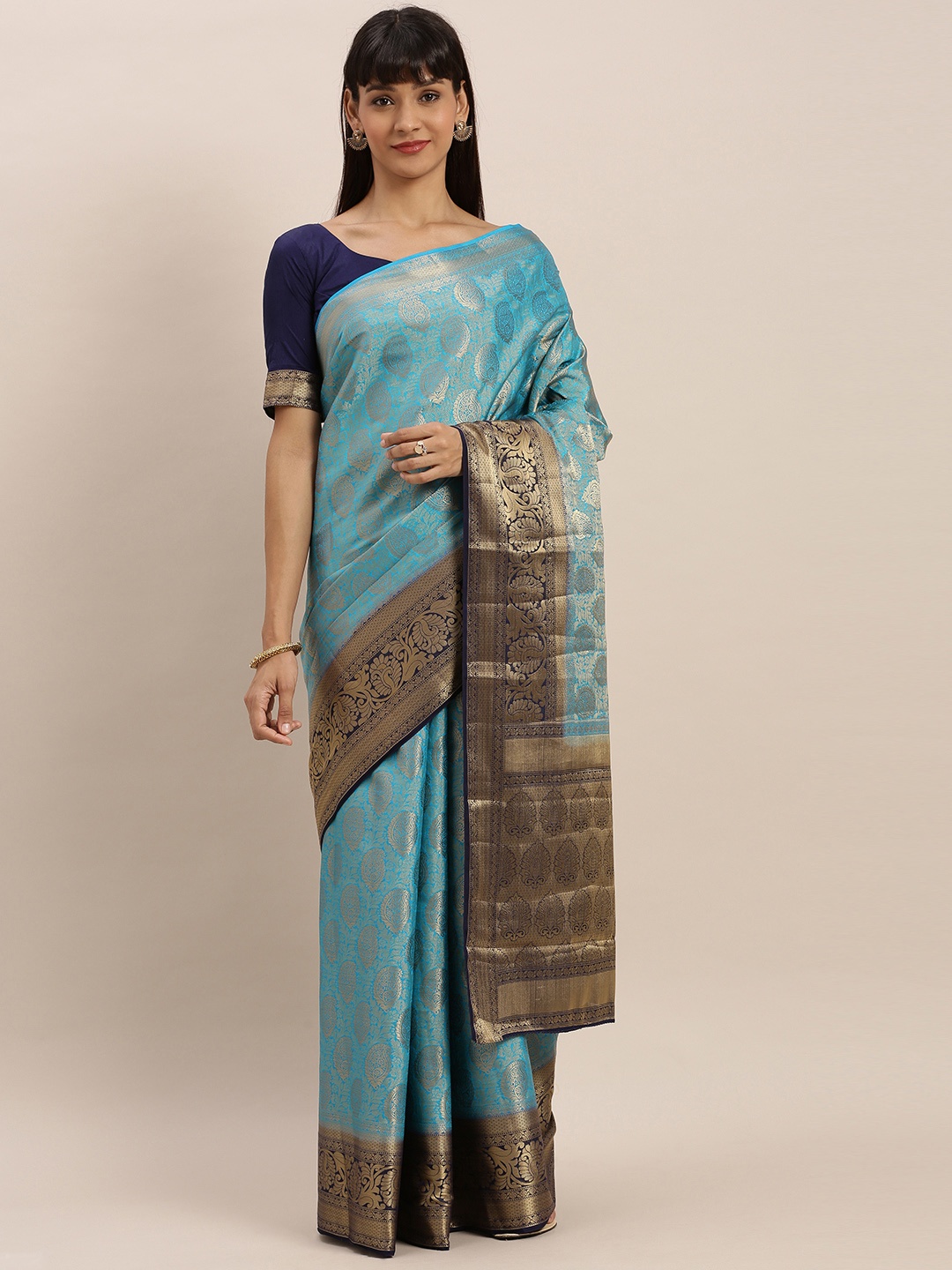 

MIMOSA Blue & Gold-Coloured Art Silk Woven Design Kanjeevaram Saree