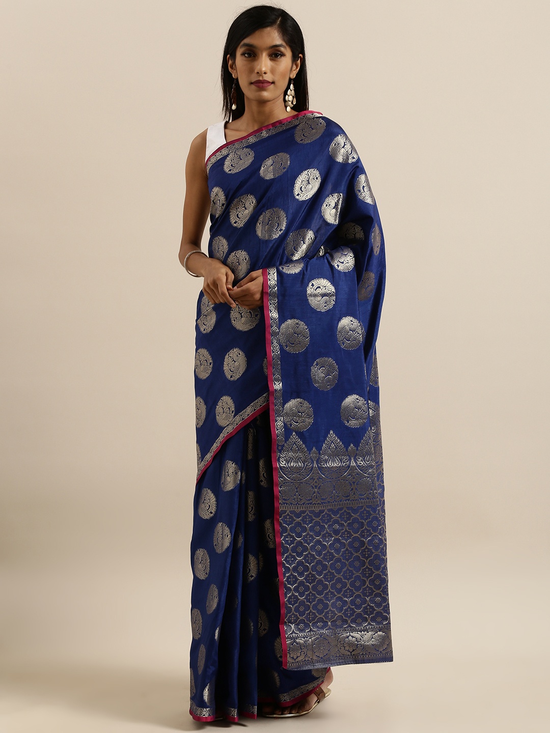 

MIMOSA Navy Blue & Silver-Toned Art Silk Woven Design Kanjeevaram Saree